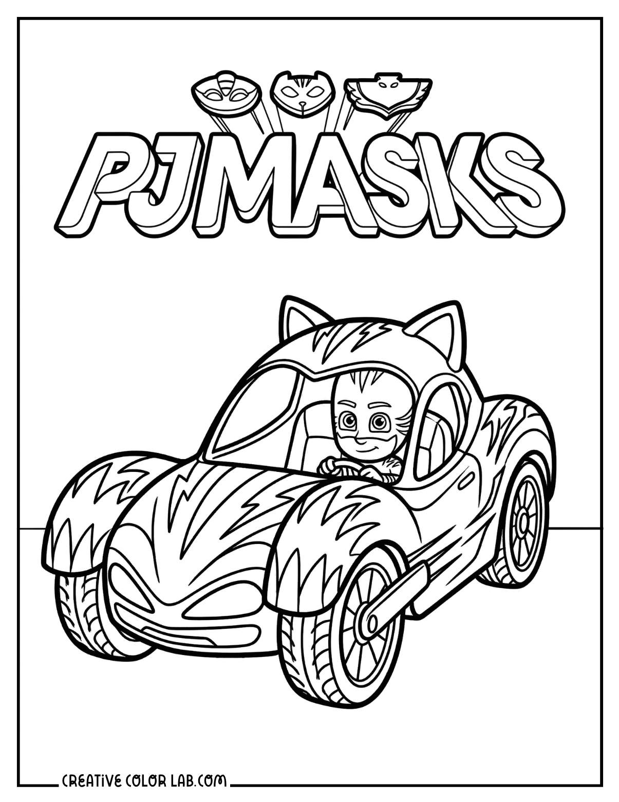 PJ Masks Cat-Car coloring page showing Catboy driving his cat-shaped vehicle.
