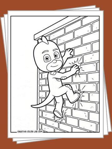 PJ Masks coloring pages printable collection featuring Gecko climbing a brick wall.