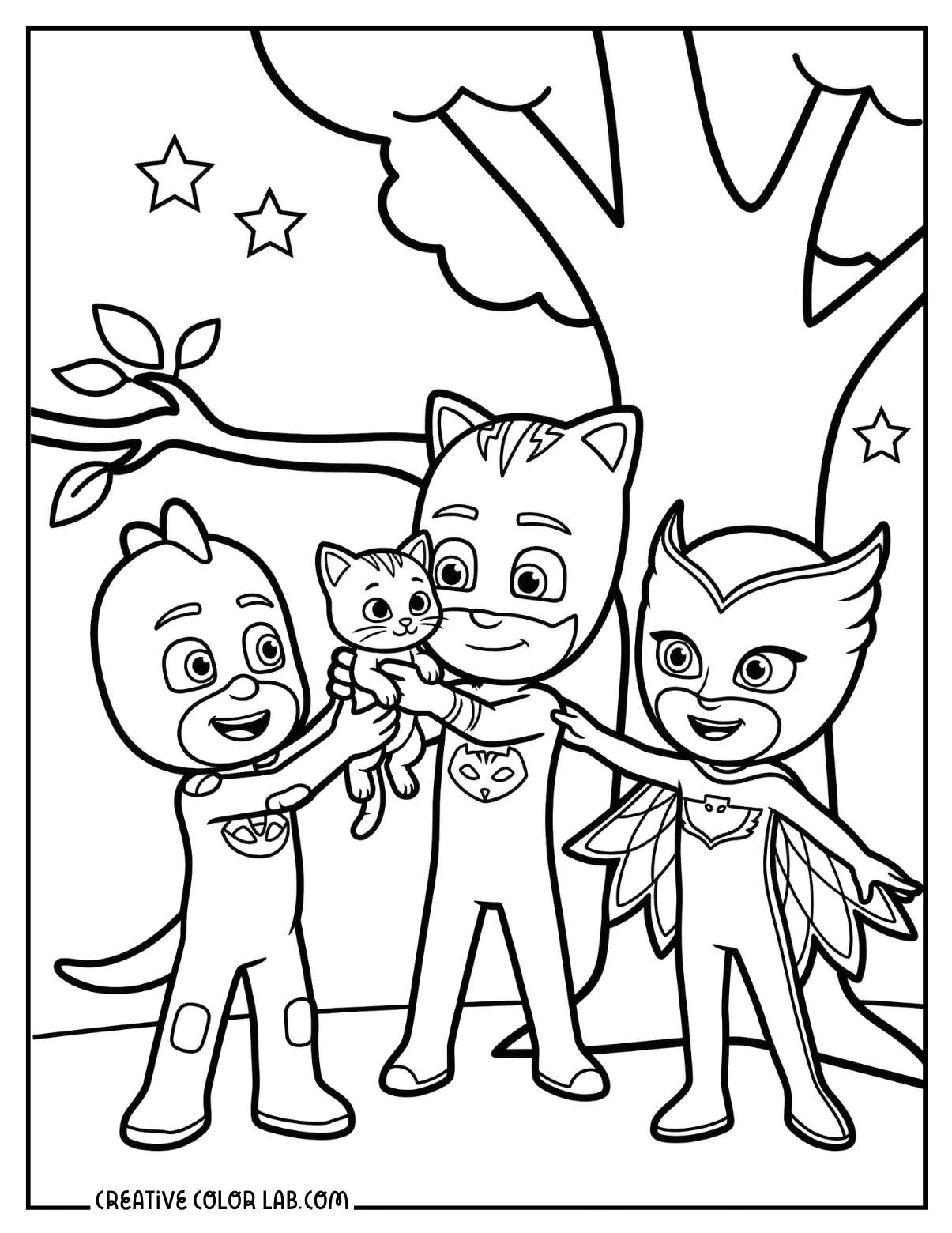 PJ Masks heroes team rescue mission coloring page.