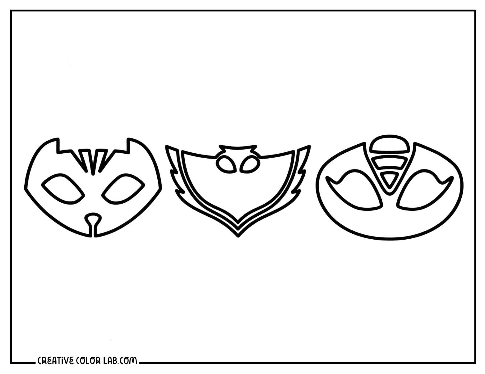 PJ Masks mask icons coloring sheet with Catboy, Owlette, and Gekko mask outlines.