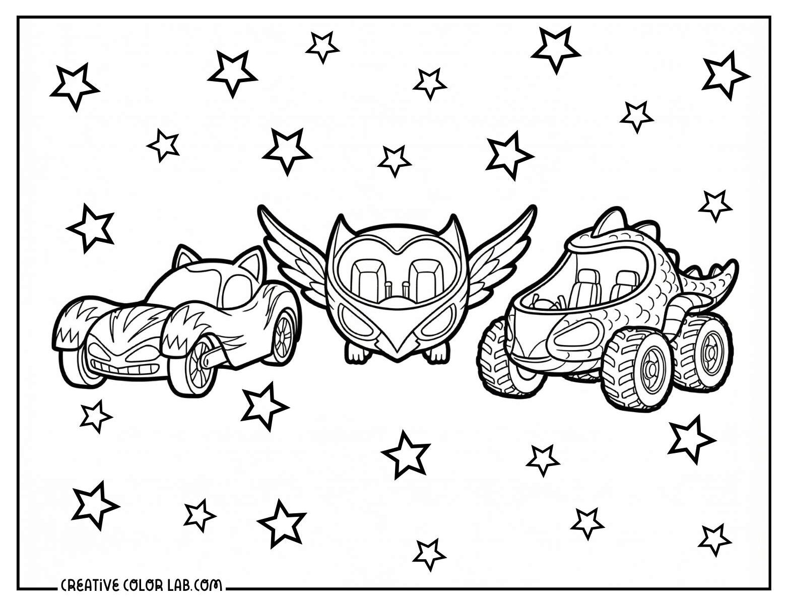 PJ Masks racing cars coloring page featuring Cat-Car, Owl Glider, and Gecko-Mobile with stars.
