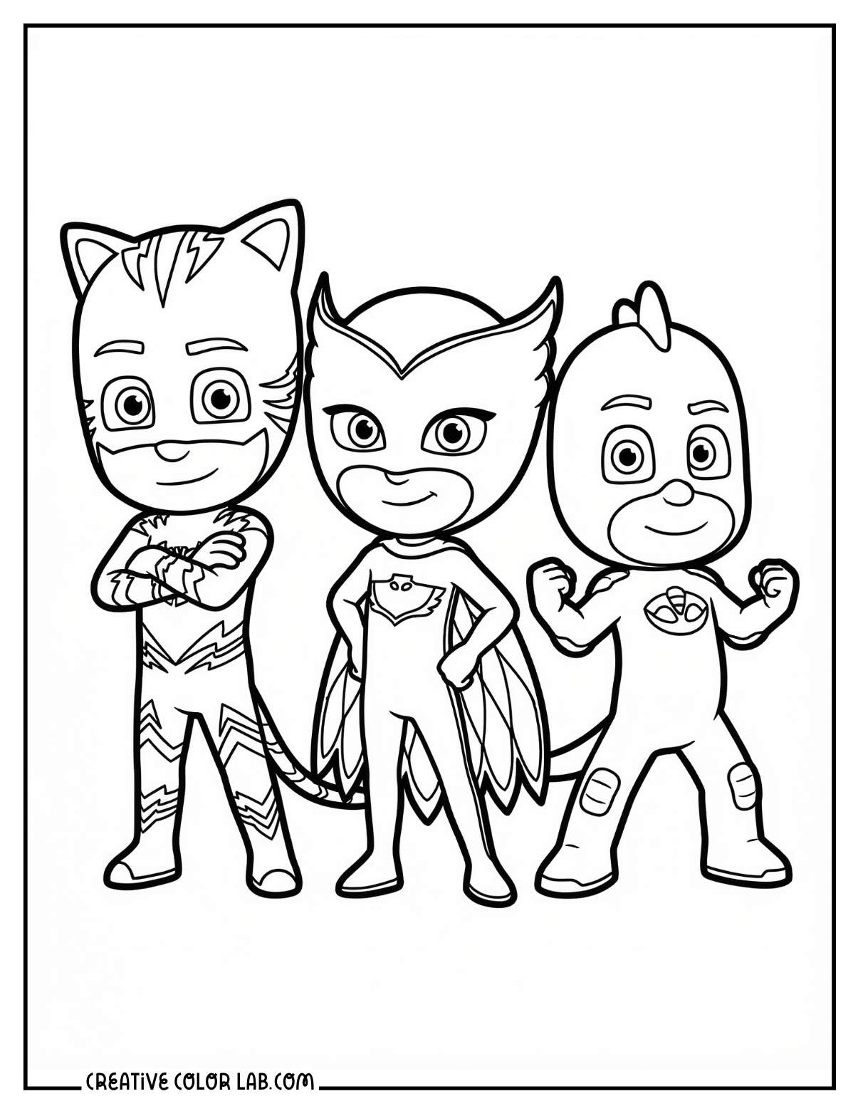 PJ Masks team coloring page showing Catboy, Owlette, and Gekko together.