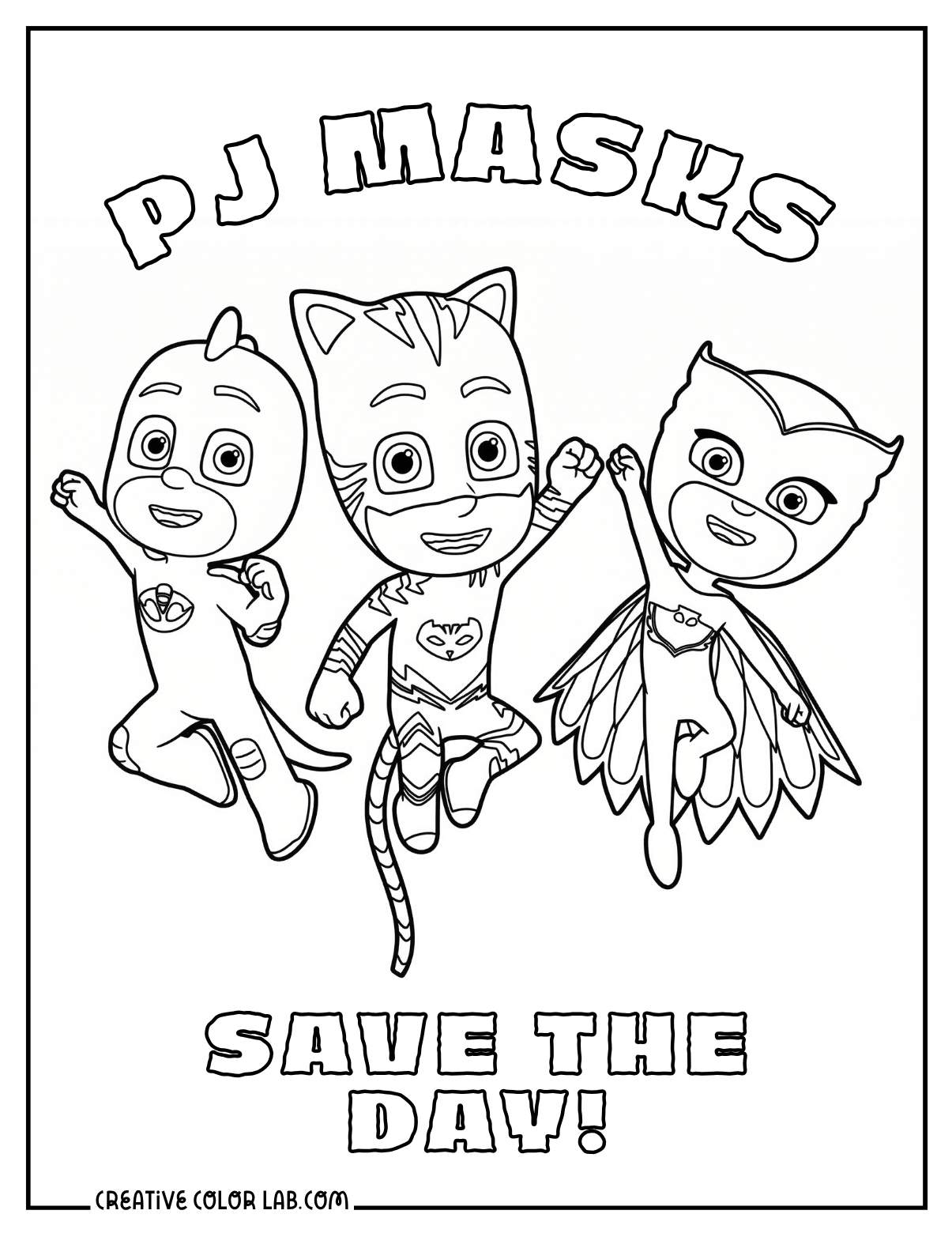 PJ Masks team "Save the Day!" coloring page with Gekko, Catboy, and Owlette.