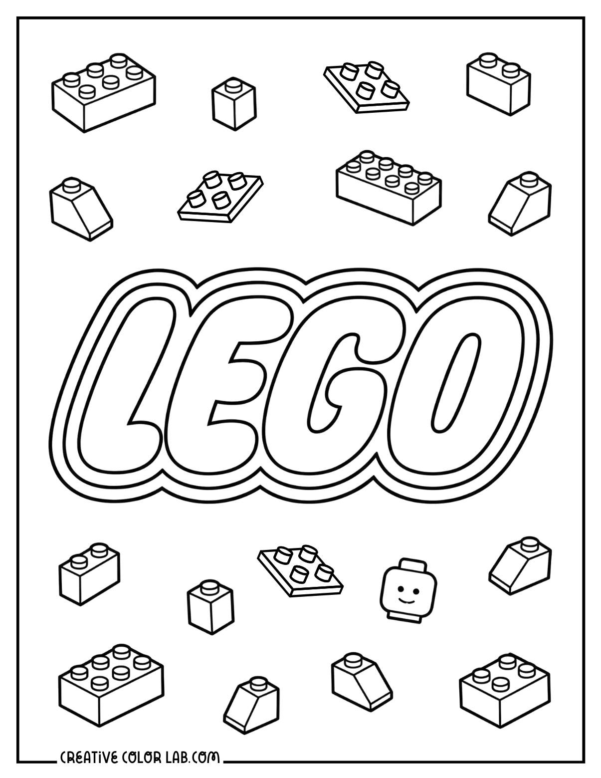 Printable LEGO logo coloring page PDF.