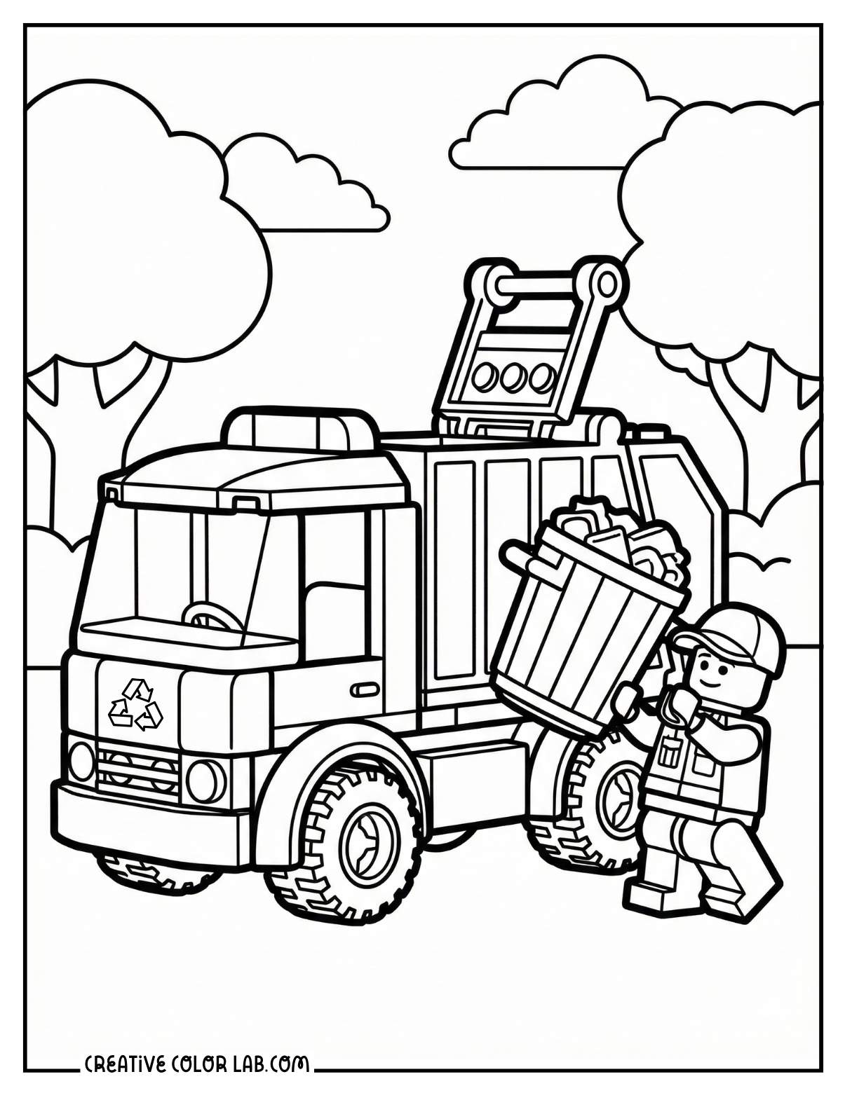 A garbage recycling truck lego picture to color.
