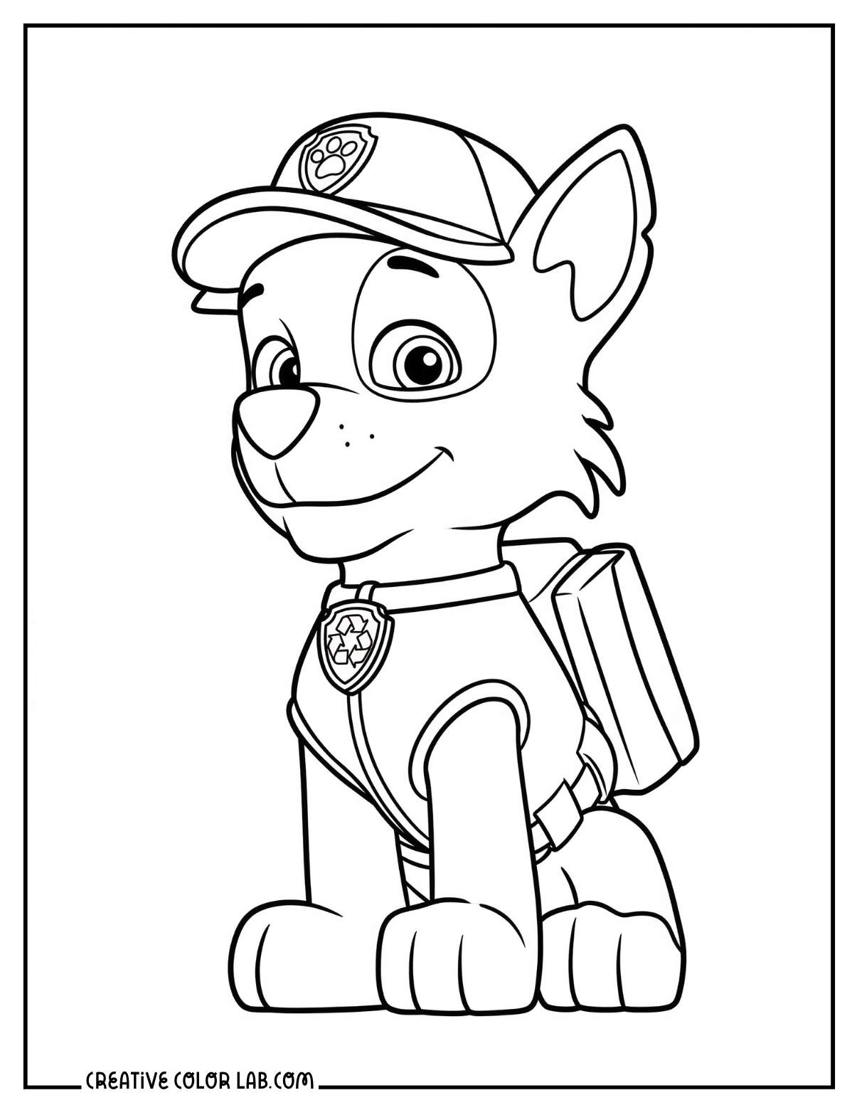 Rocky the recycling pup with recycling badge coloring sheet.
