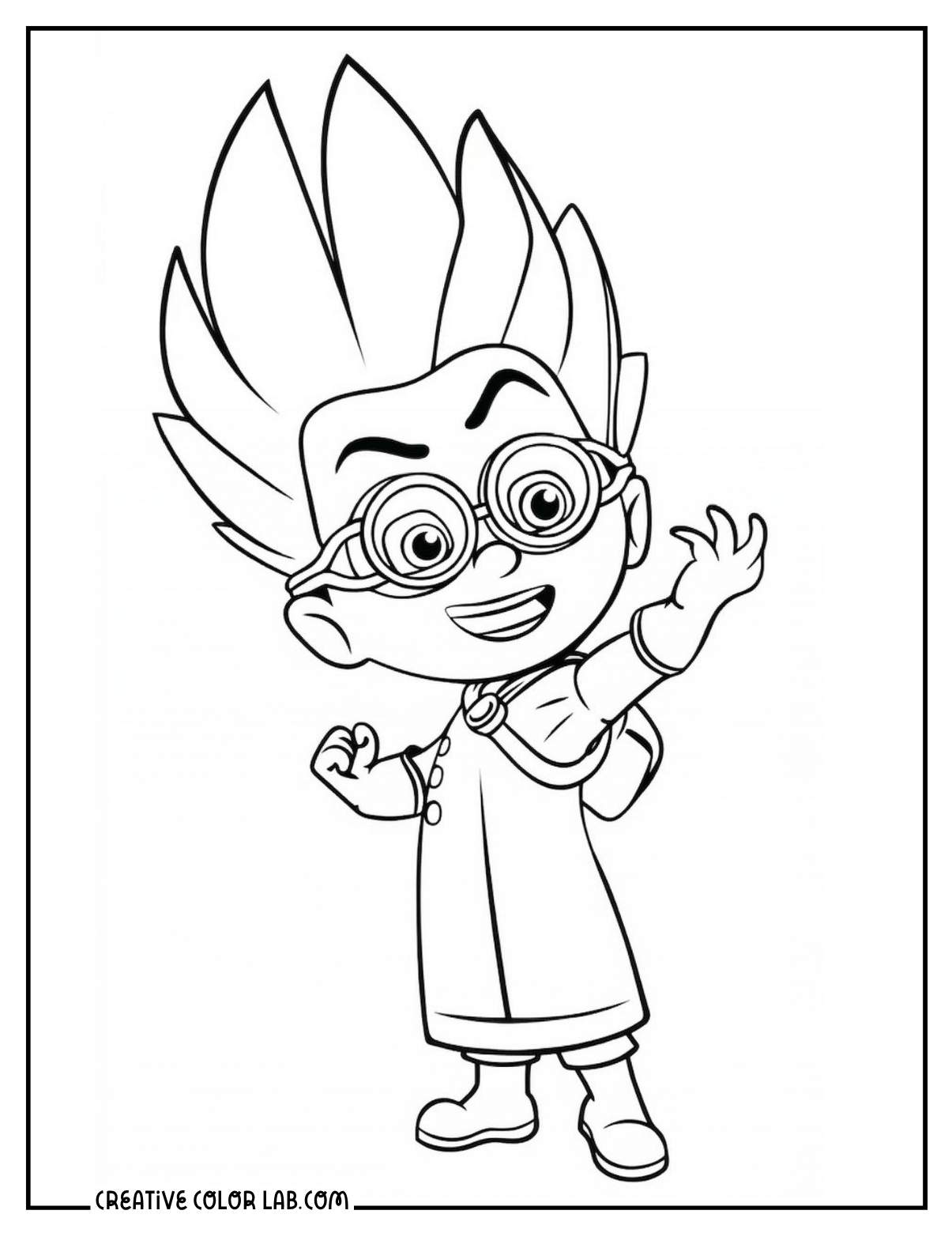 Romeo villain from PJ Masks coloring page with spiky hair and glasses.