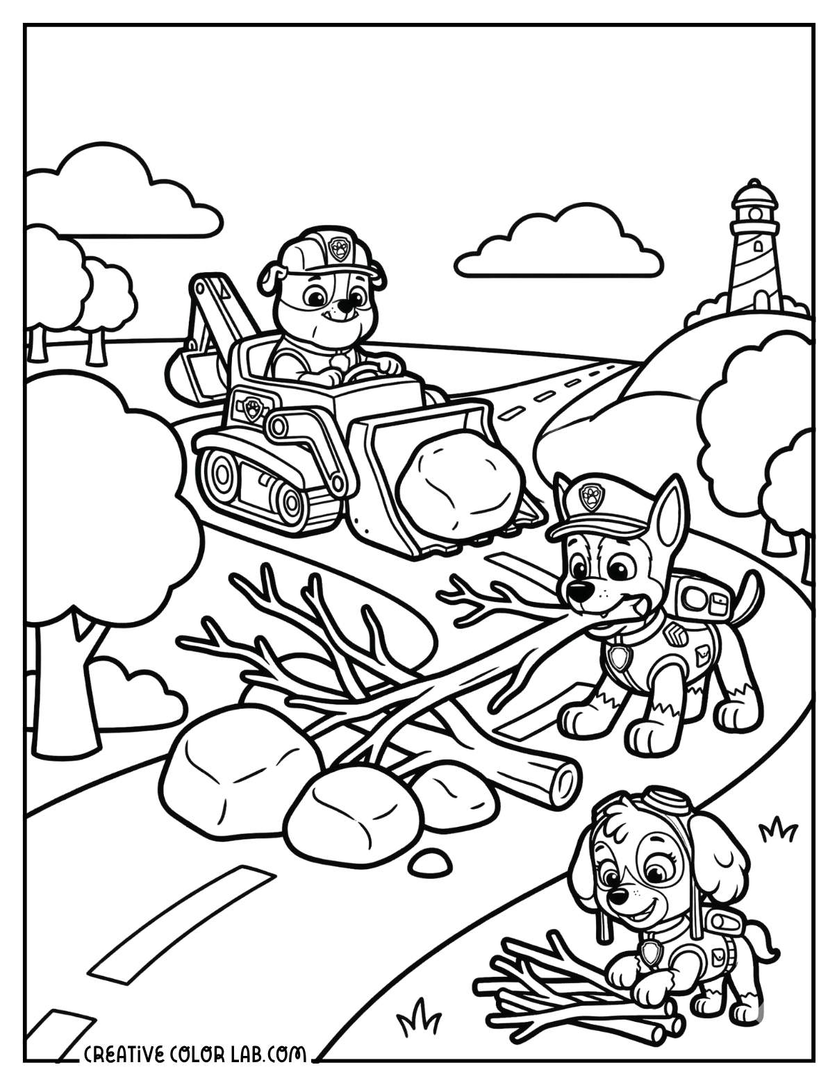 Rubble on bulldozer clearing road while Chase watches in a Paw Patrol coloring page.