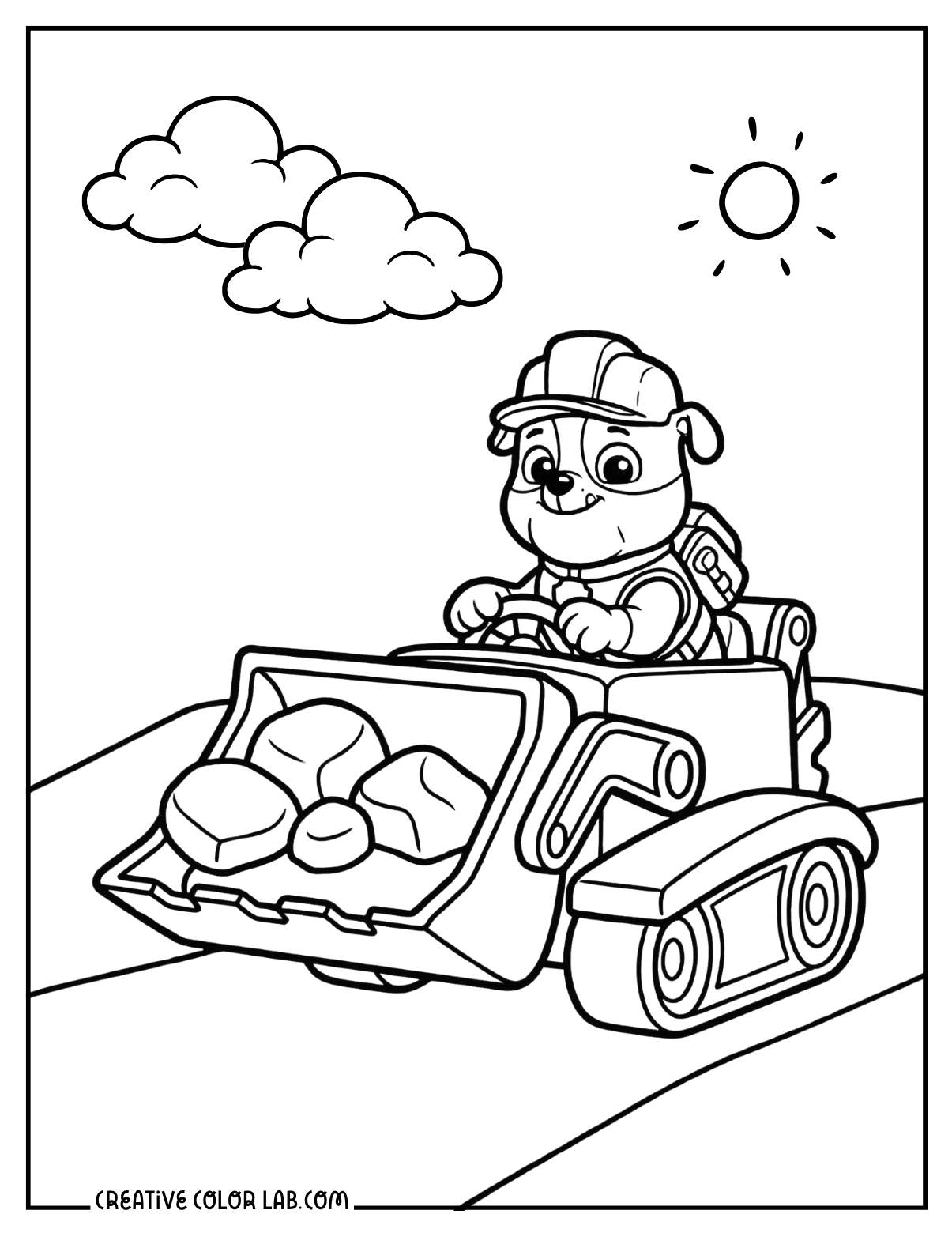 Rubble the bulldog pup driving his bulldozer on a construction mission coloring page.