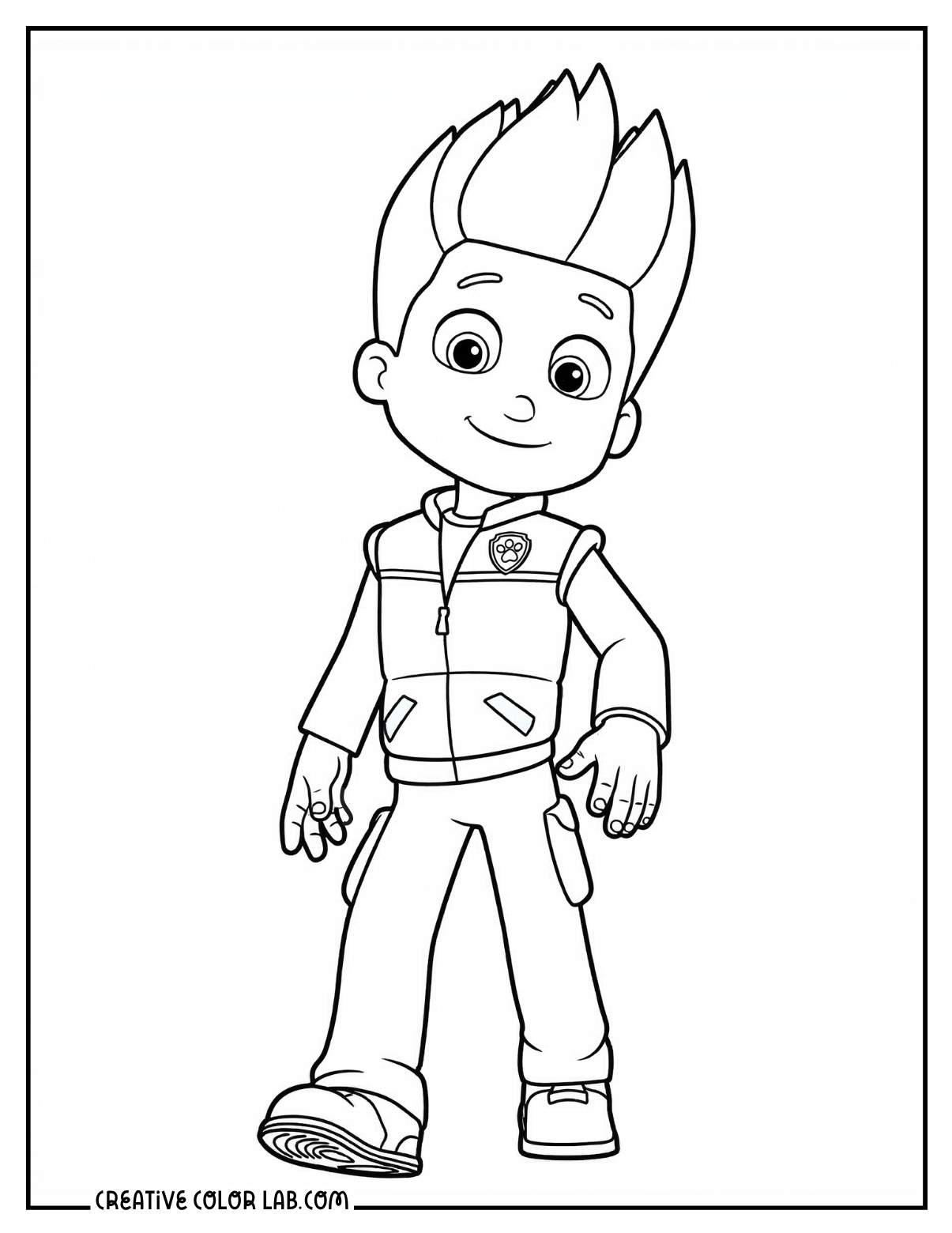 Ryder the Paw Patrol leader boy in his uniform line art coloring page.