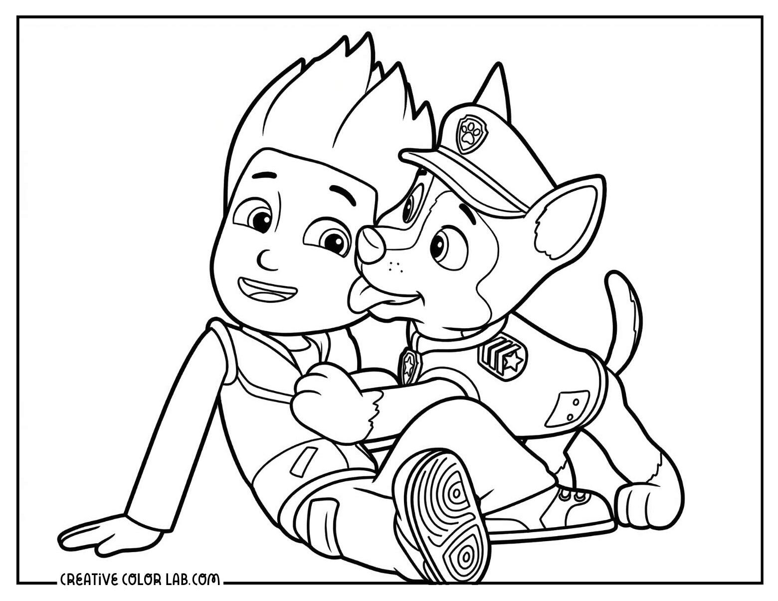 Ryder and Chase sitting together in a Paw Patrol coloring page.
