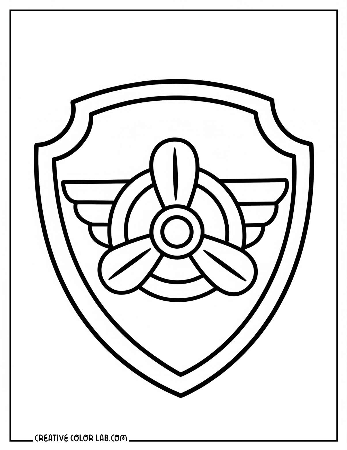 Skye's air badge shield with propeller and wings line art coloring page.