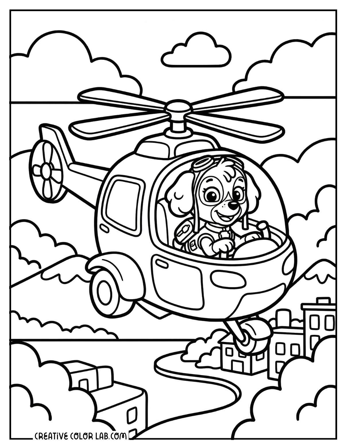 Skye the Paw Patrol pup flying her helicopter coloring page.