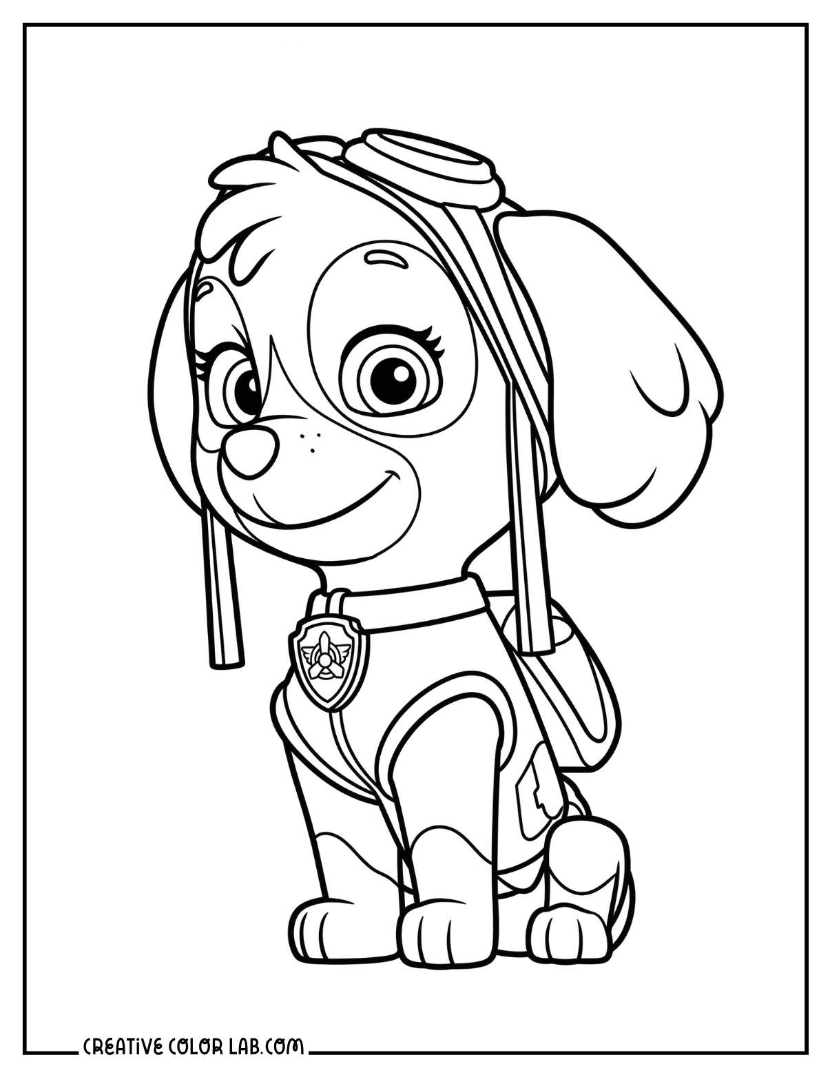 Skye the pilot pup Cockapoo with aviation goggles and pilot badge coloring page.