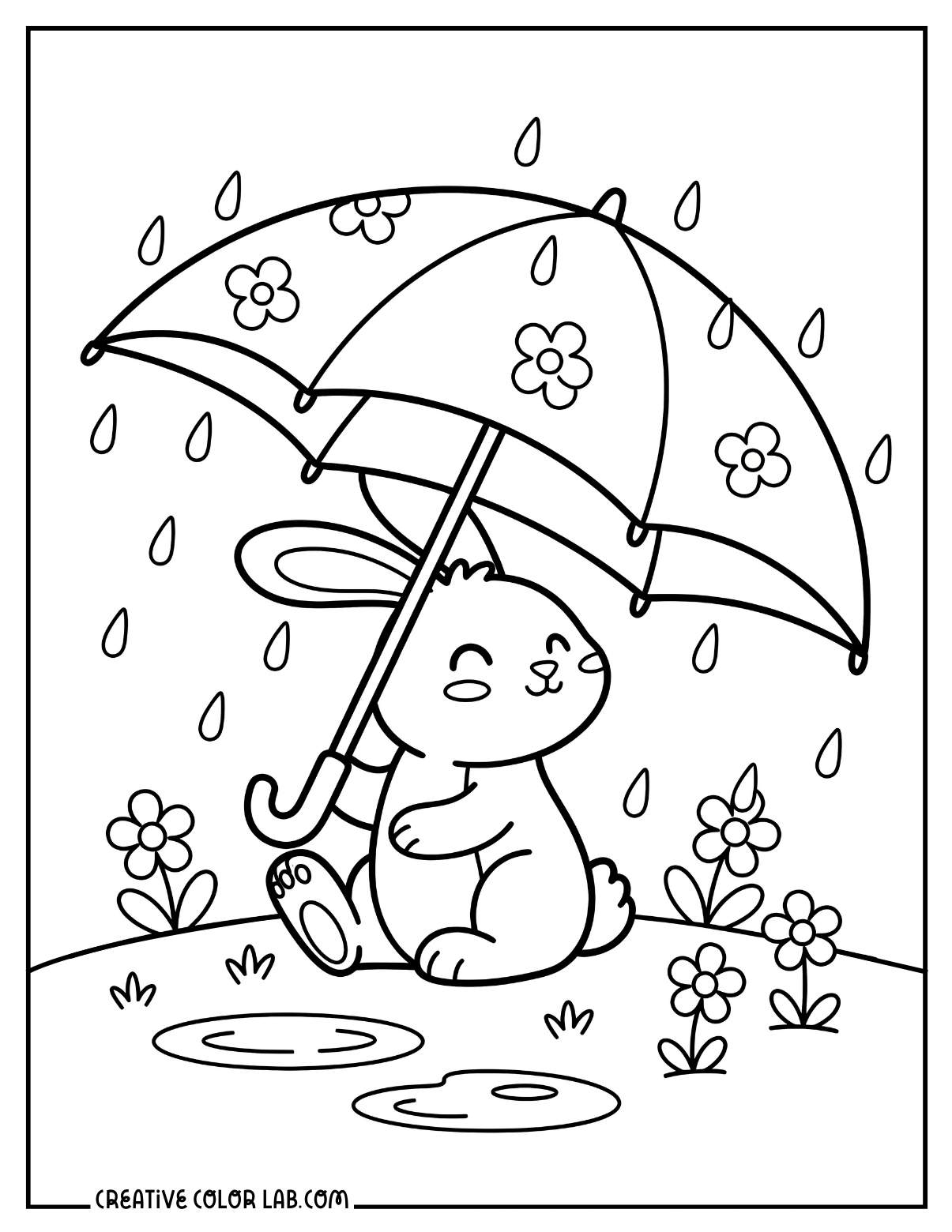 A spring bunny holding an umbrella coloring page.