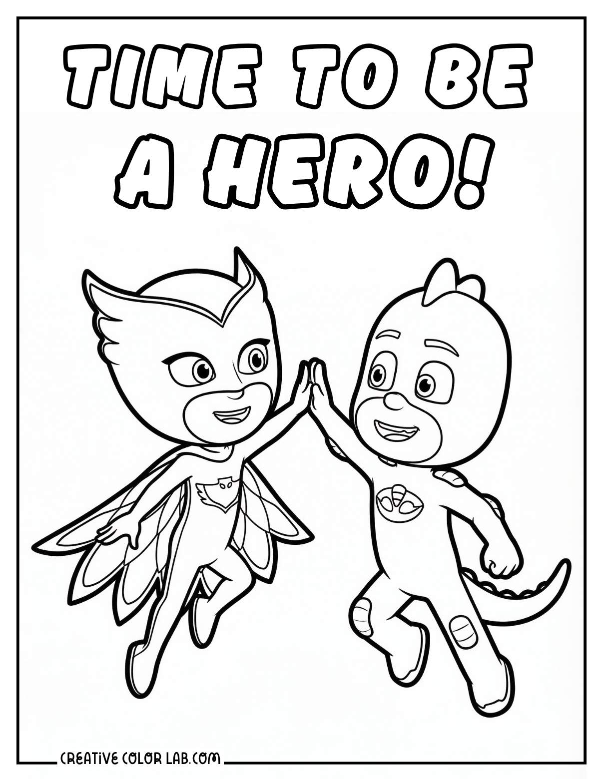 PJ Masks "Time to Be a Hero!" coloring page featuring Owlette and Gekko characters.
