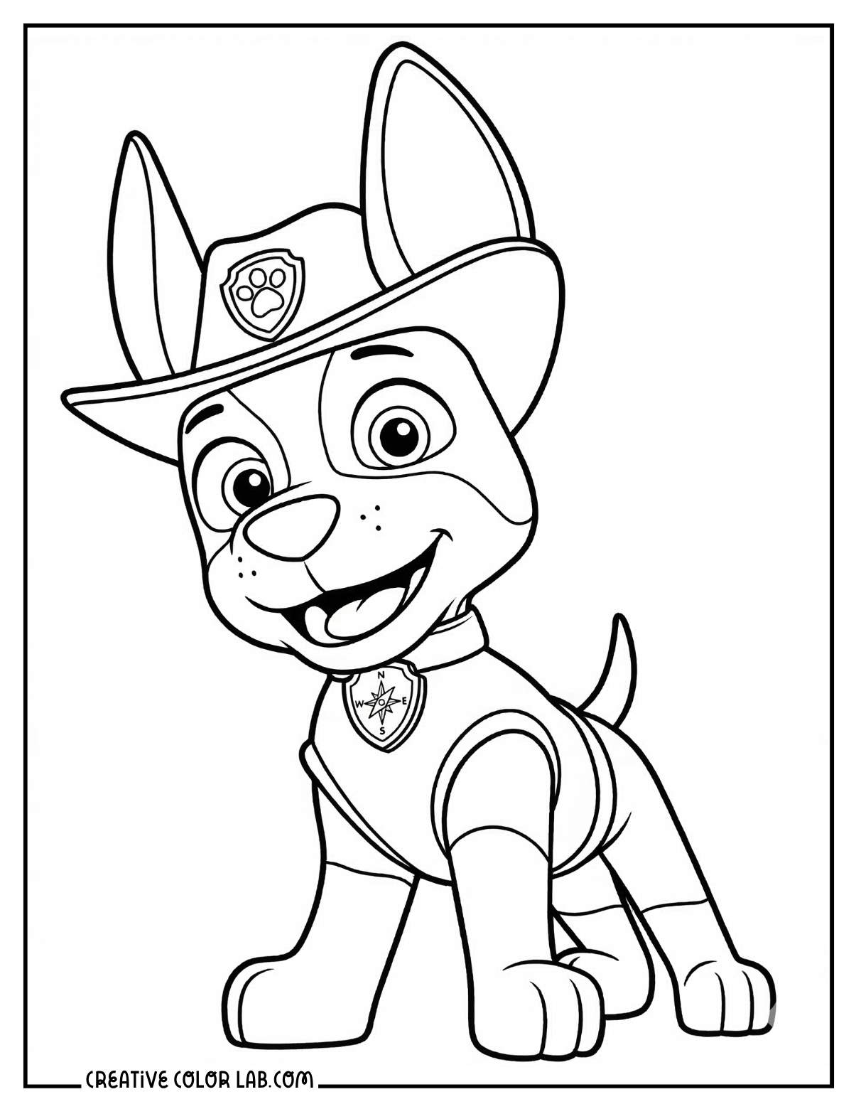 Tracker the jungle pup Chihuahua with explorer hat and compass badge coloring page.