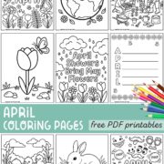 A grid of April coloring page previews including spring flowers, earth day, bunnies, and April Fools designs.
