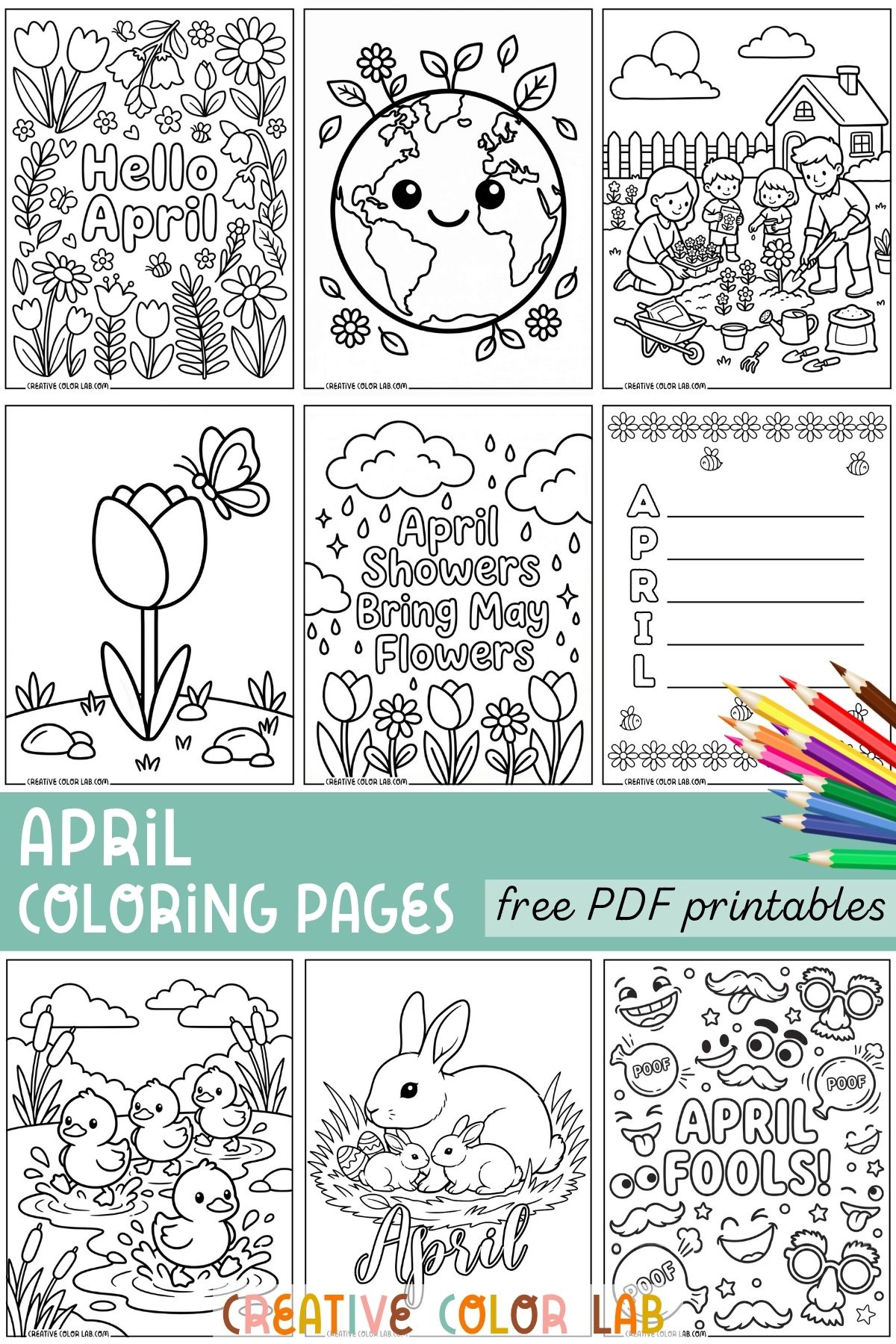 A grid of April coloring page previews including spring flowers, earth day, bunnies, and April Fools designs.
