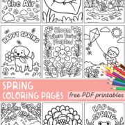Grid of spring coloring pages featuring seasonal scenes for kids to color.