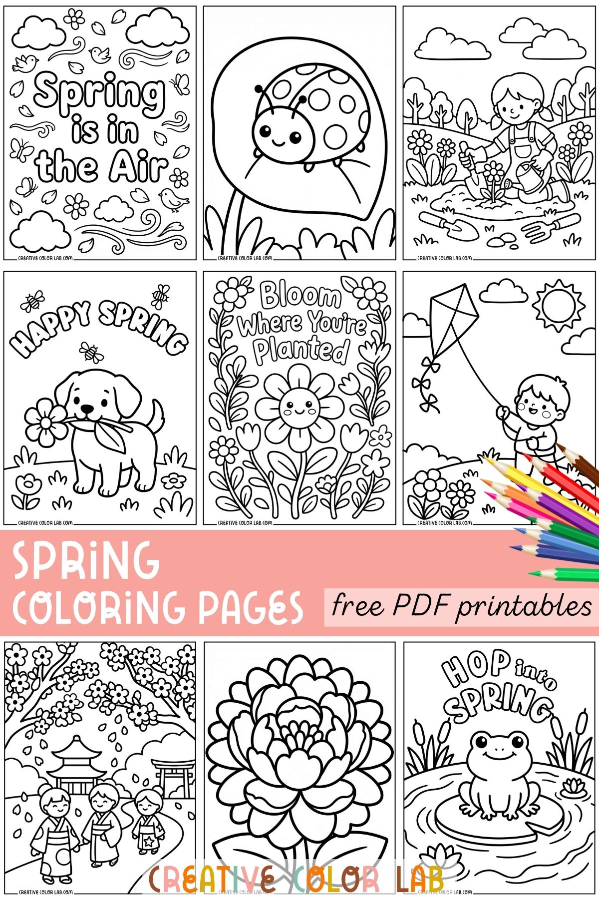 Grid of spring coloring pages featuring seasonal scenes for kids to color.