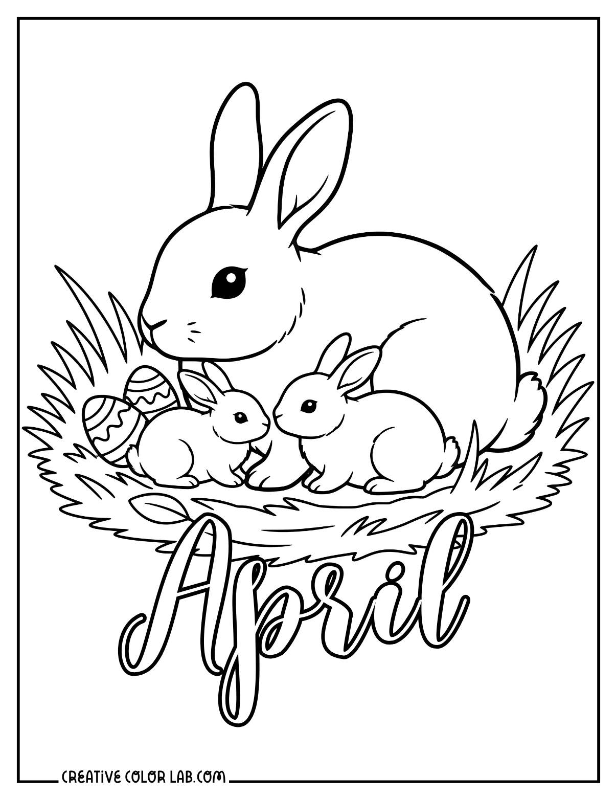 A large bunny in a nest with two baby bunnies and Easter eggs, with "April" script below.