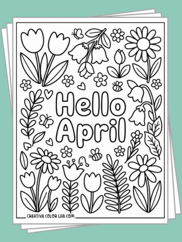 "Hello April" coloring page surrounded by spring flowers on a teal background mockup.