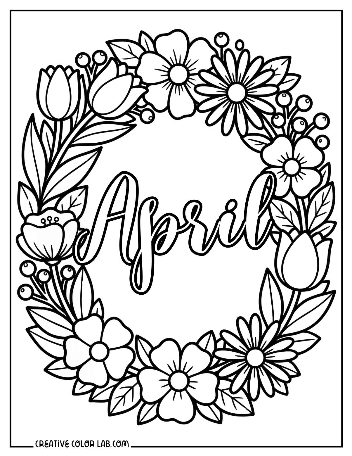 An intricate floral wreath of tulips and flowers with "April" in script lettering at the center.