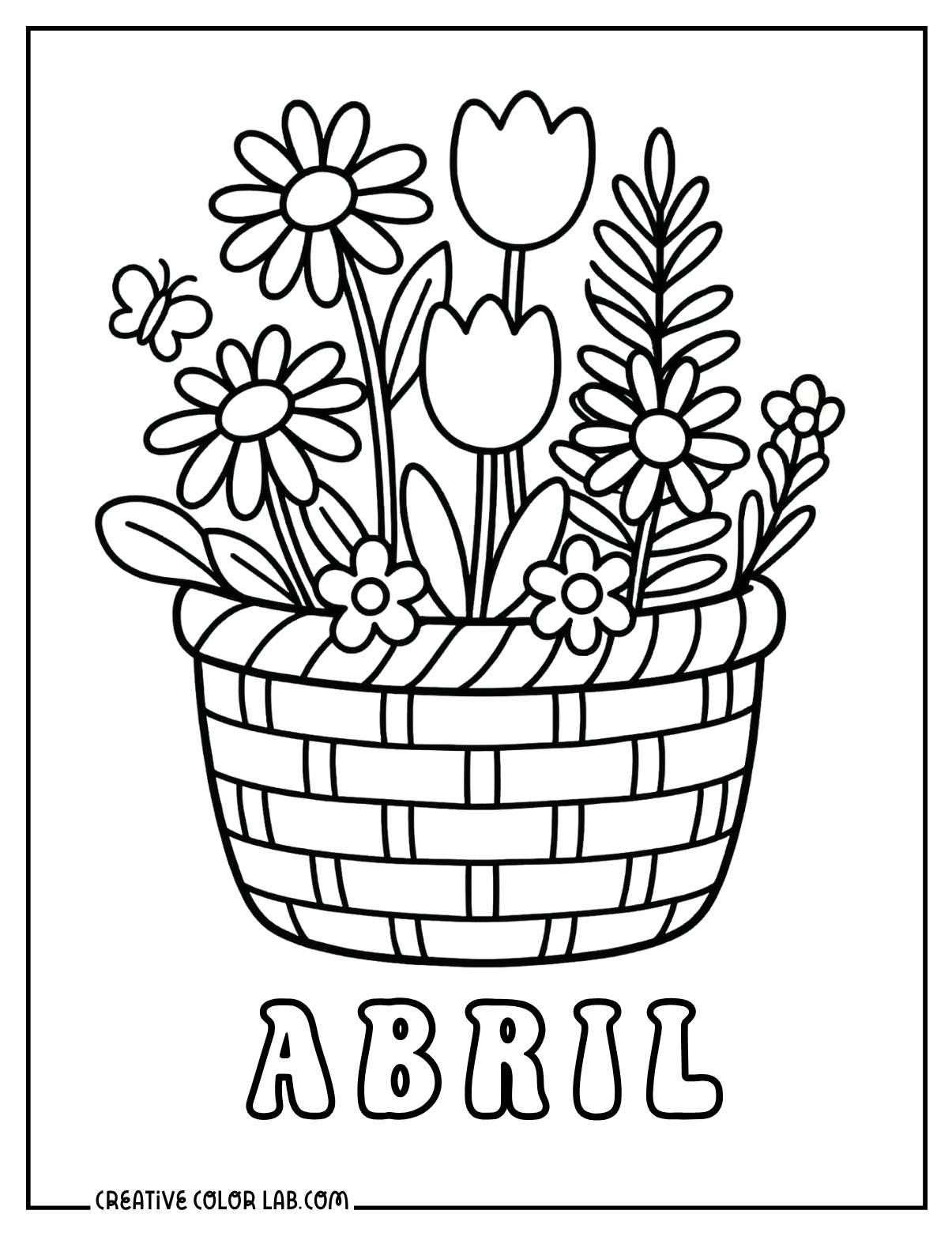 A wicker basket overflowing with tulips and spring flowers with "Abril" text below.