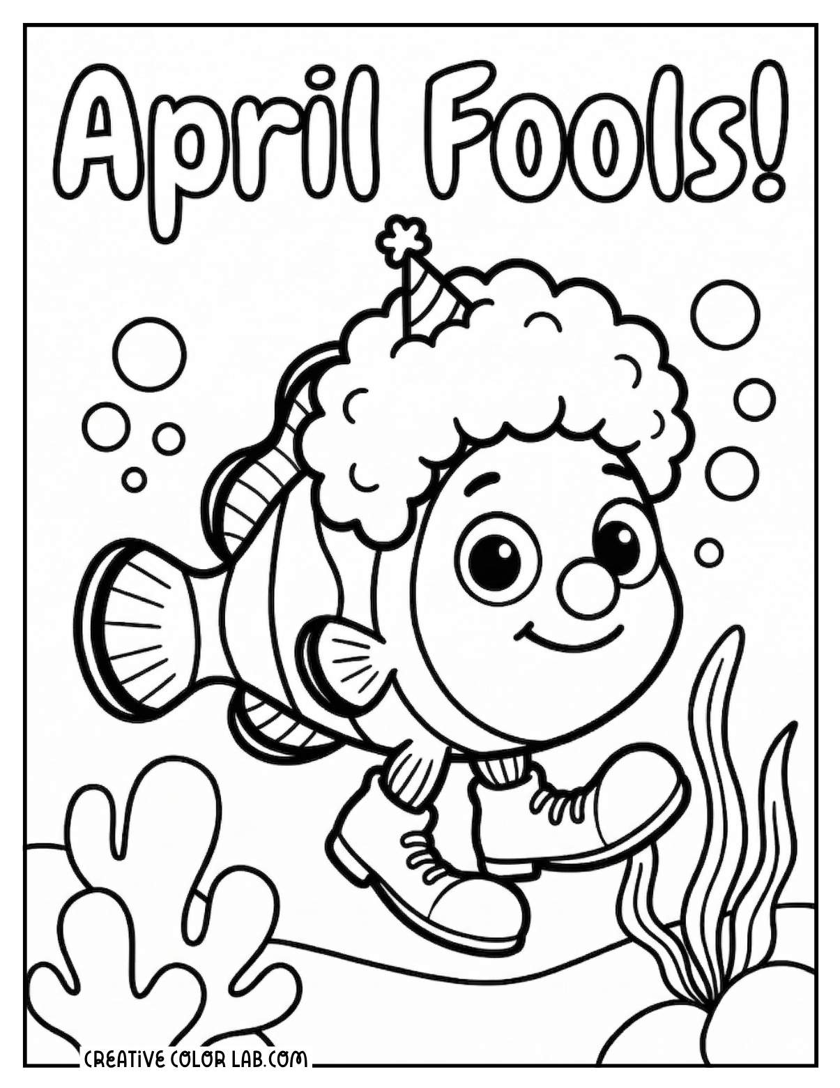 Cute clown fish wearing a party hat underwater with "April Fools!" text at the top.