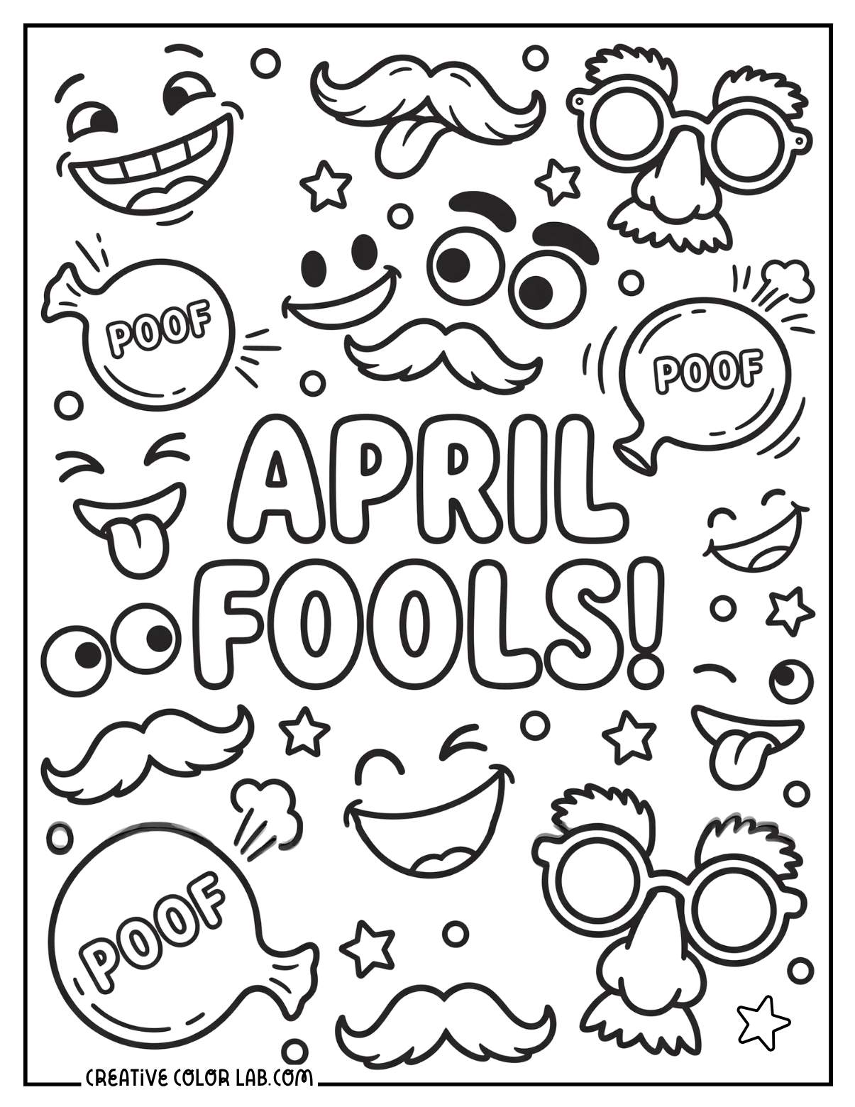 April Fools coloring page with silly faces, mustaches, glasses, and bold "April Fools!" text.