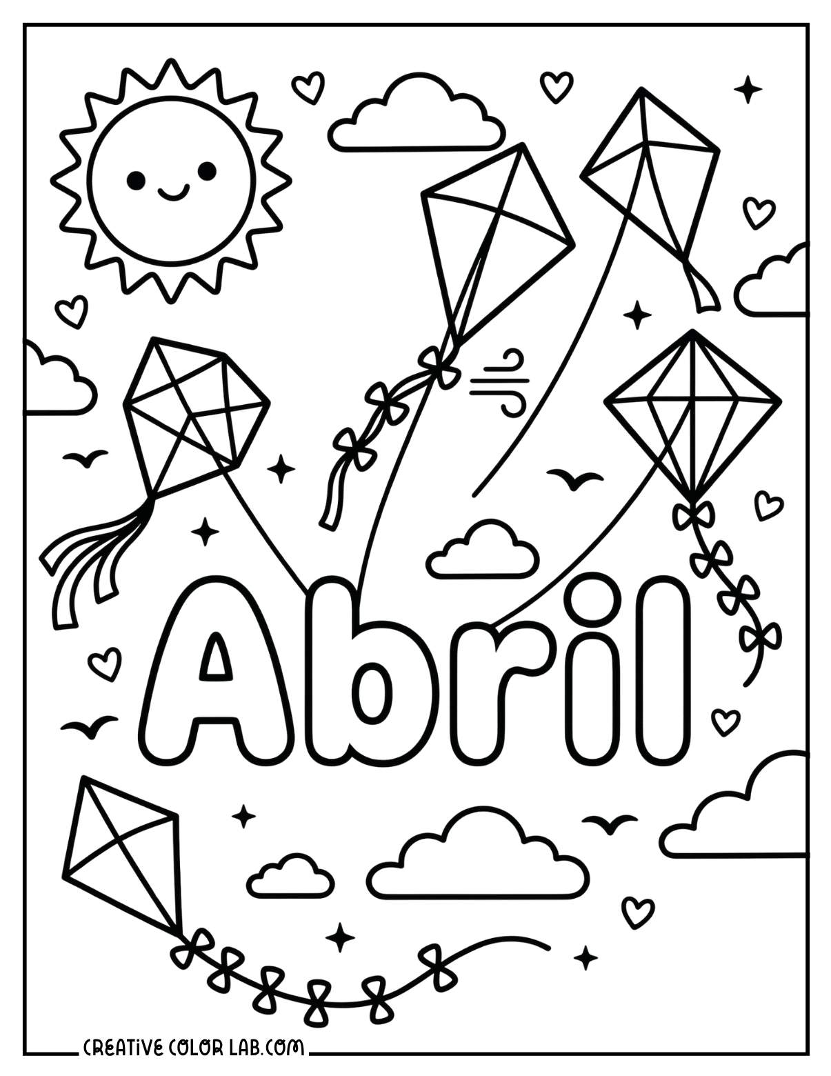Three kites flying in the sky with a smiling sun, clouds, and "Abril" text in the center.