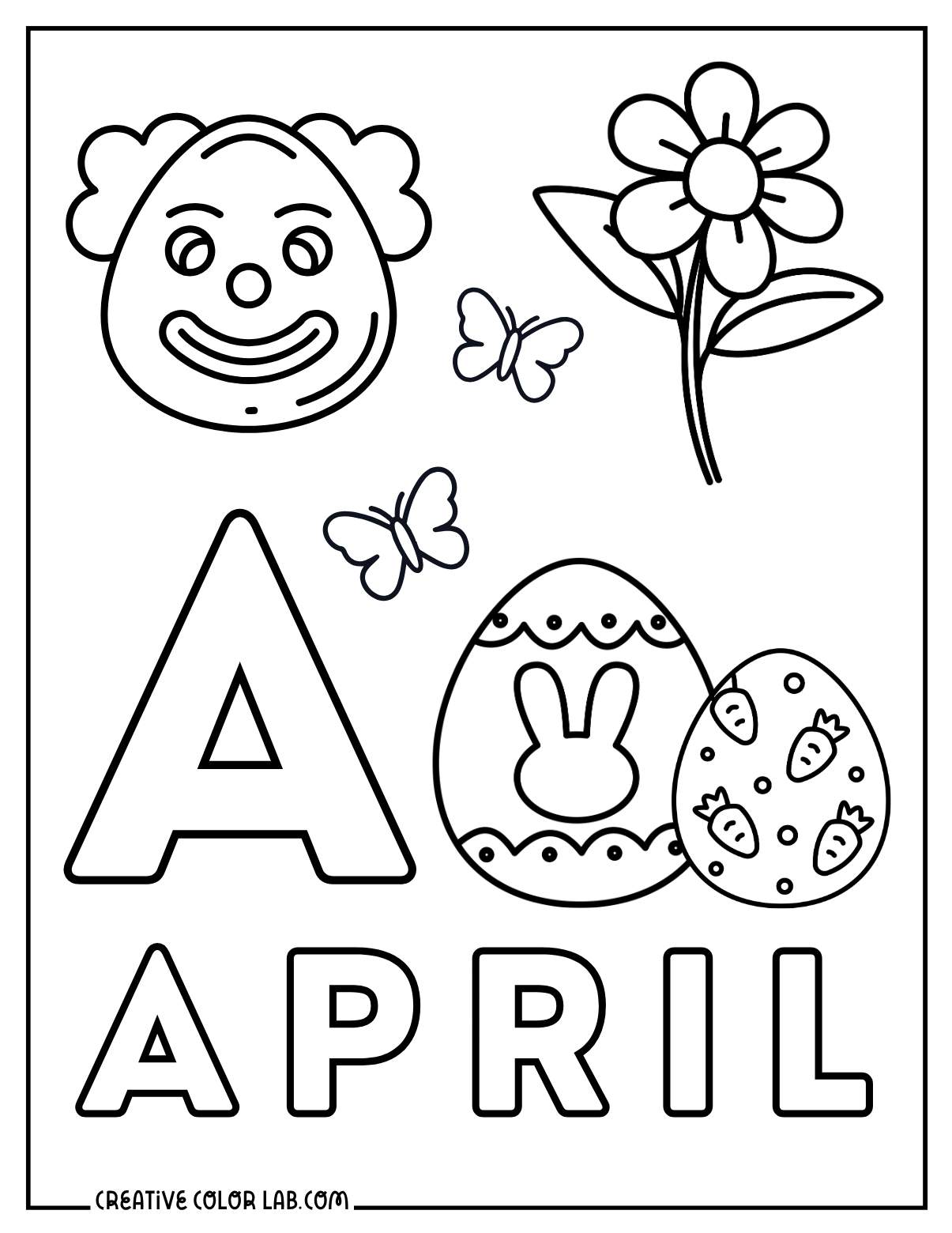 Letter A worksheet with Easter eggs, butterflies, a clown, and a flower with "April" text.