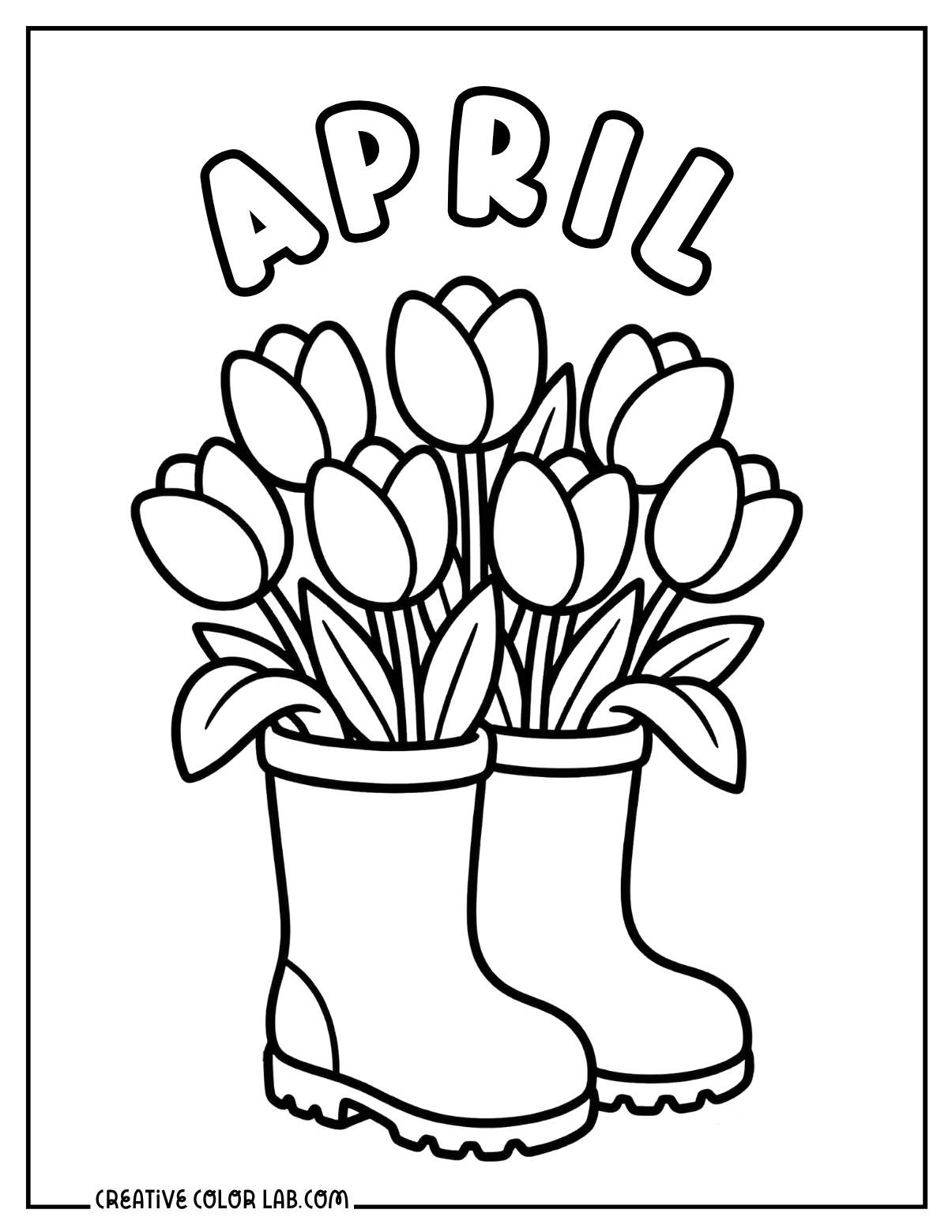 Two rain boots filled with blooming tulips with "April" text arching above.