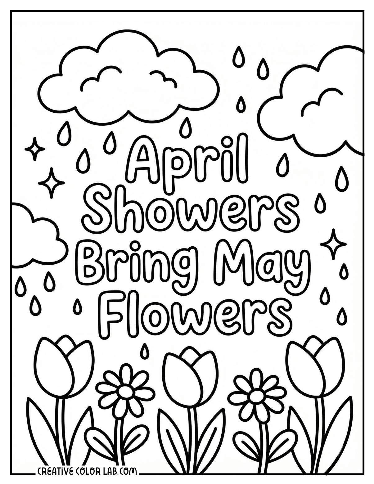 "April Showers Bring May Flowers" text with rain clouds above and tulips and daisies below.