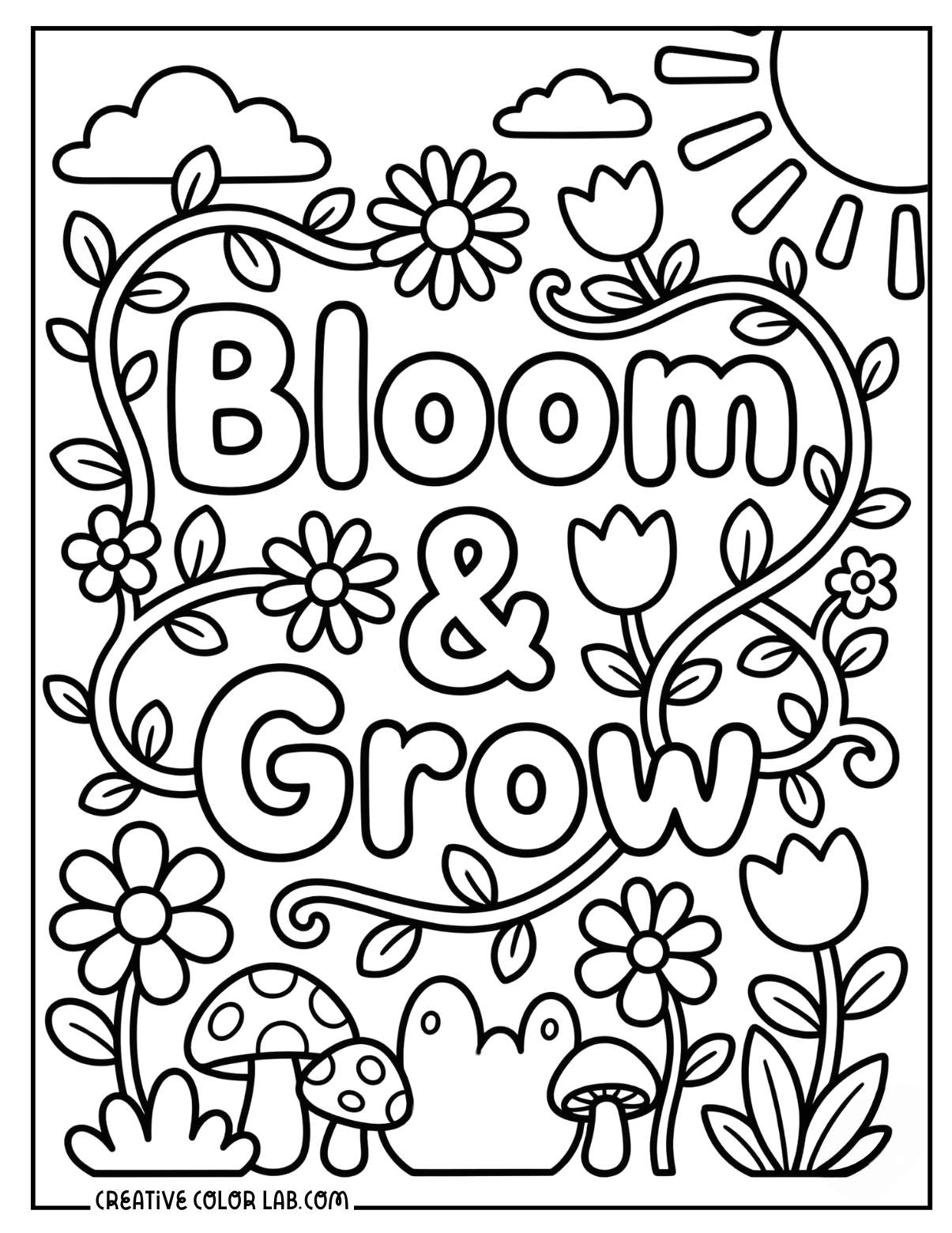 "Bloom and Grow" spring quote with intricate floral designs adult coloring sheet.