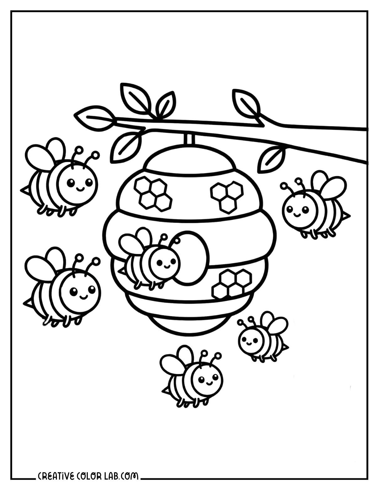 Busy bees around a beehive in a garden coloring page.