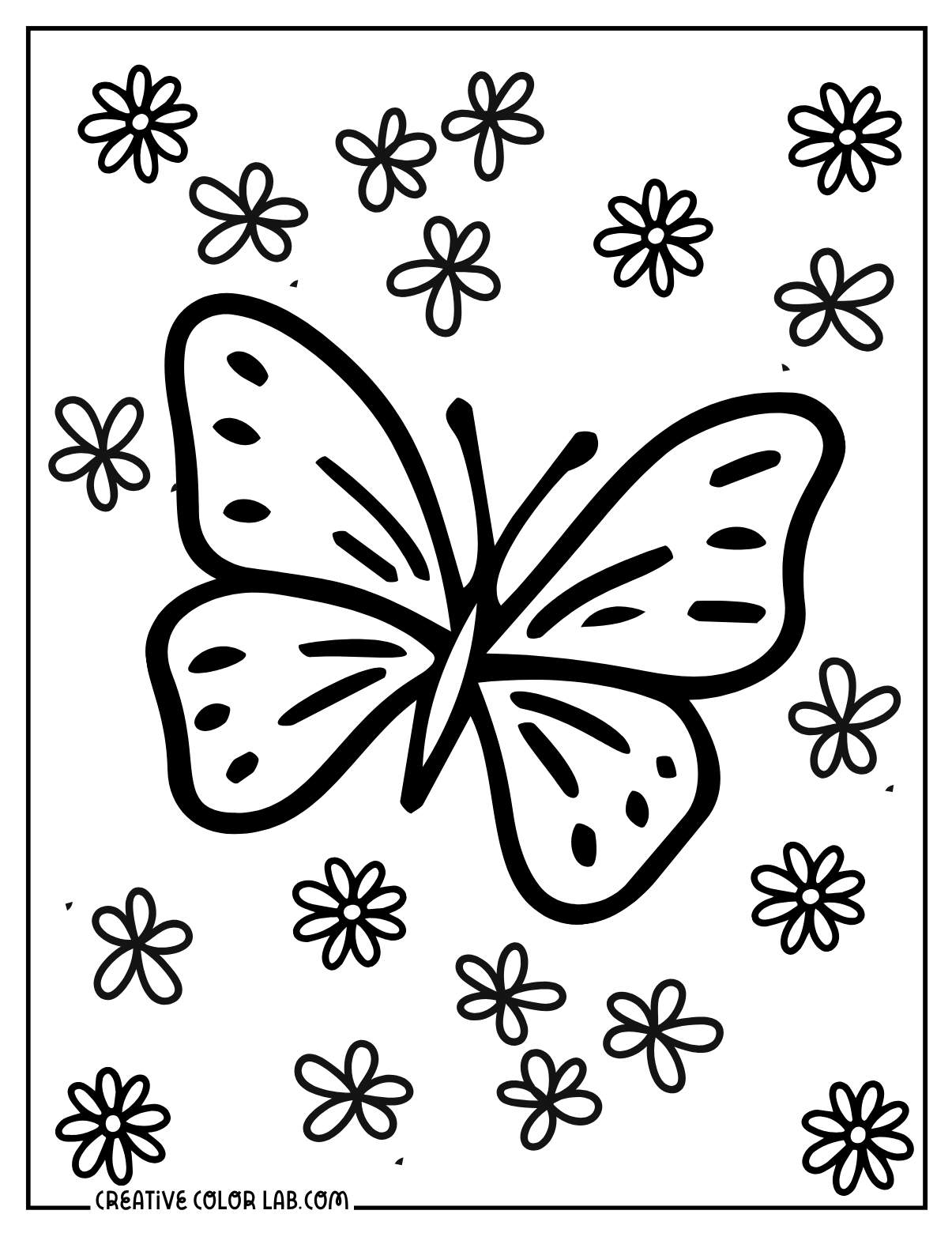 Butterfly surrounded by simple daisy flowers nature spring coloring page.