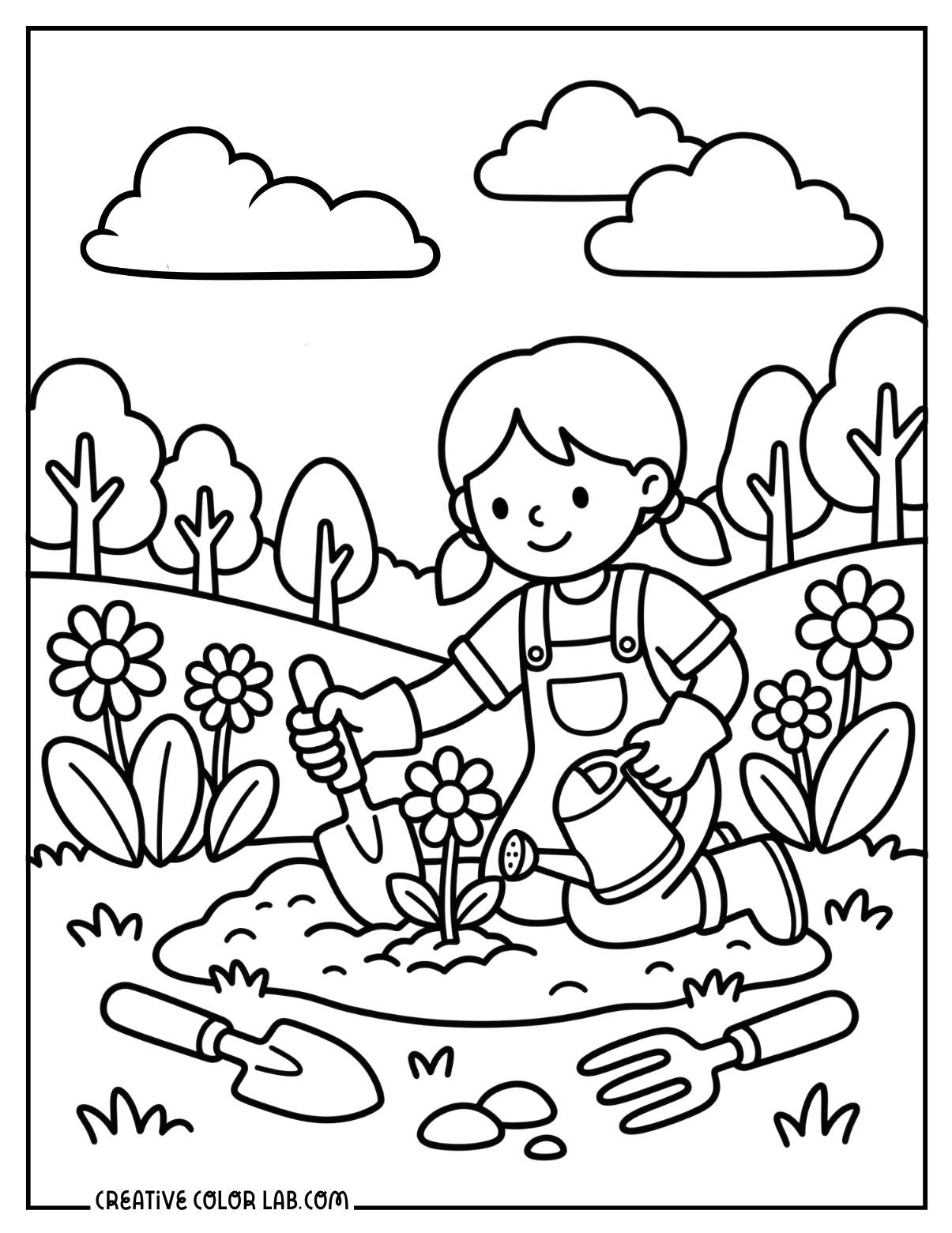Child gardening and planting flowers on a spring day coloring page.