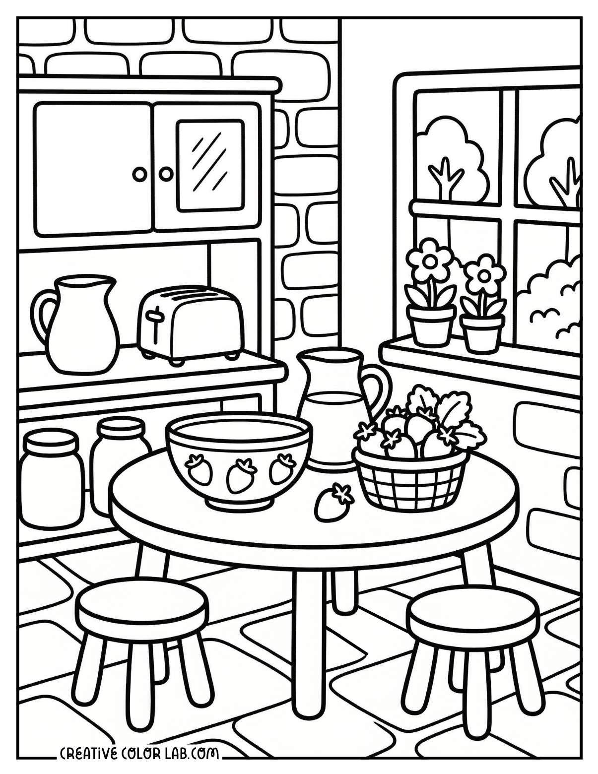 Cozy kitchen with strawberries and a spring breakfast table coloring page.