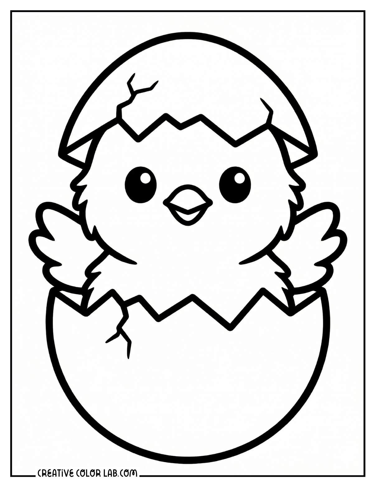 Cute baby chick hatching from a cracked egg coloring page.