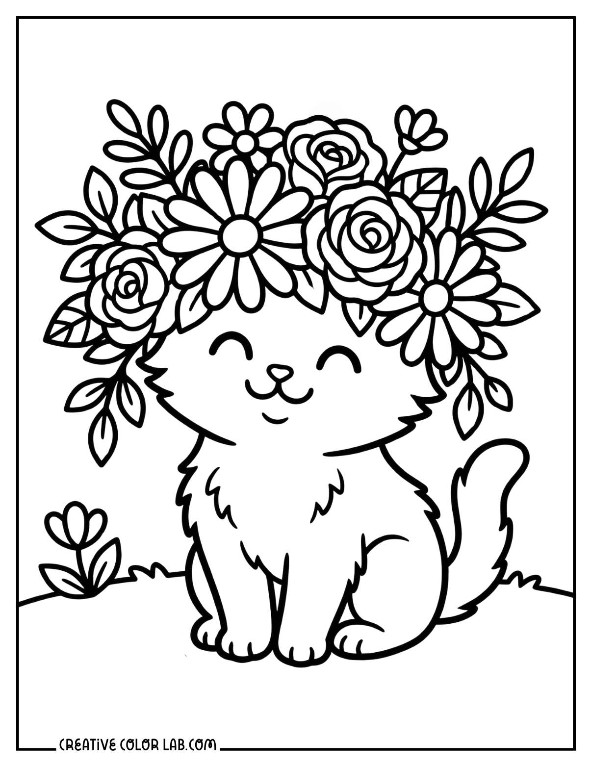 Cute cat wearing a flower crown coloring sheet.