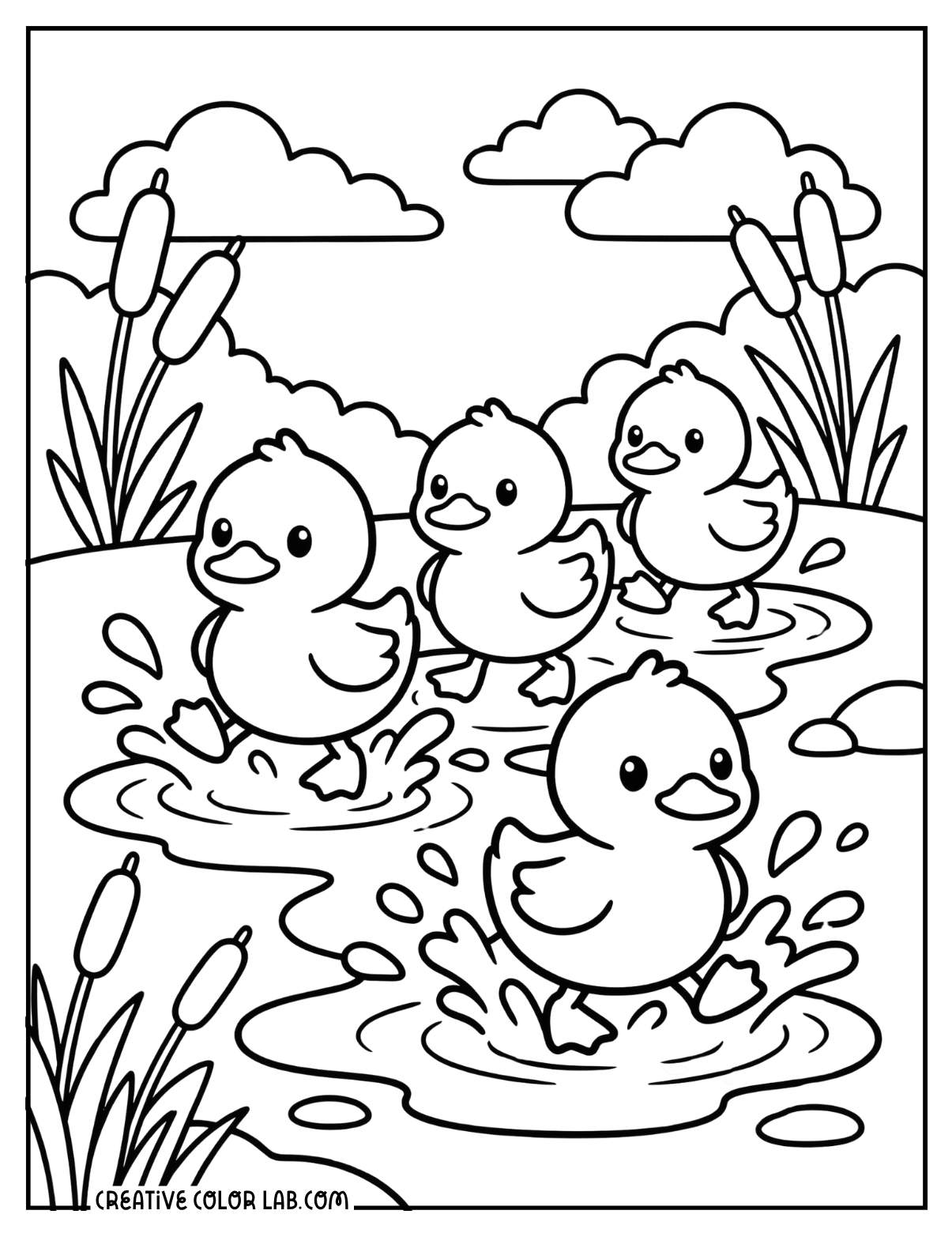 Four cute ducklings splashing and playing in a pond with cattails and clouds in the background.