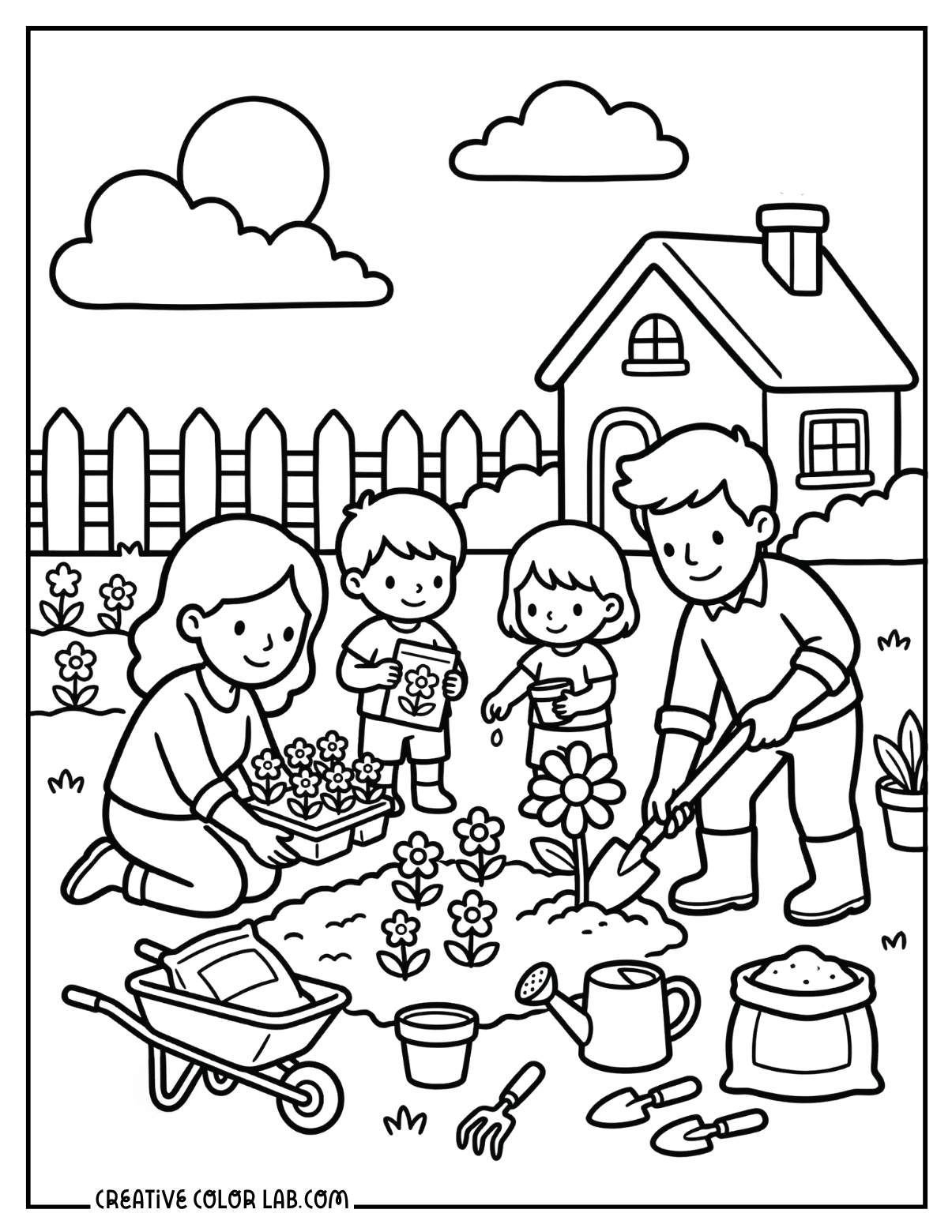 A family of four planting flowers together in a spring garden beside their home.