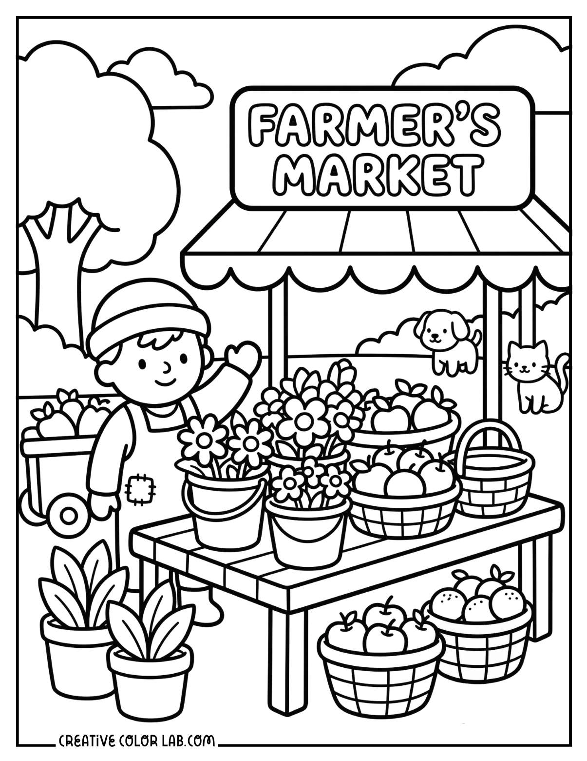 Farmer's market with fresh produce and flowers spring coloring page.