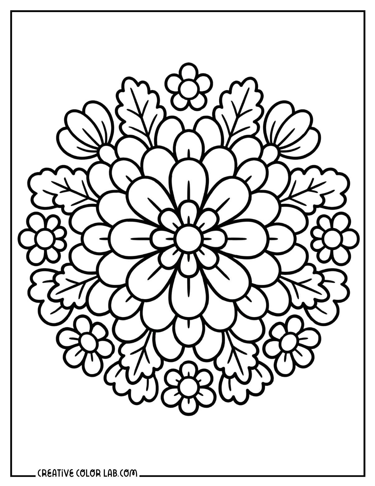 Flower mandala with symmetrical floral pattern spring coloring page.