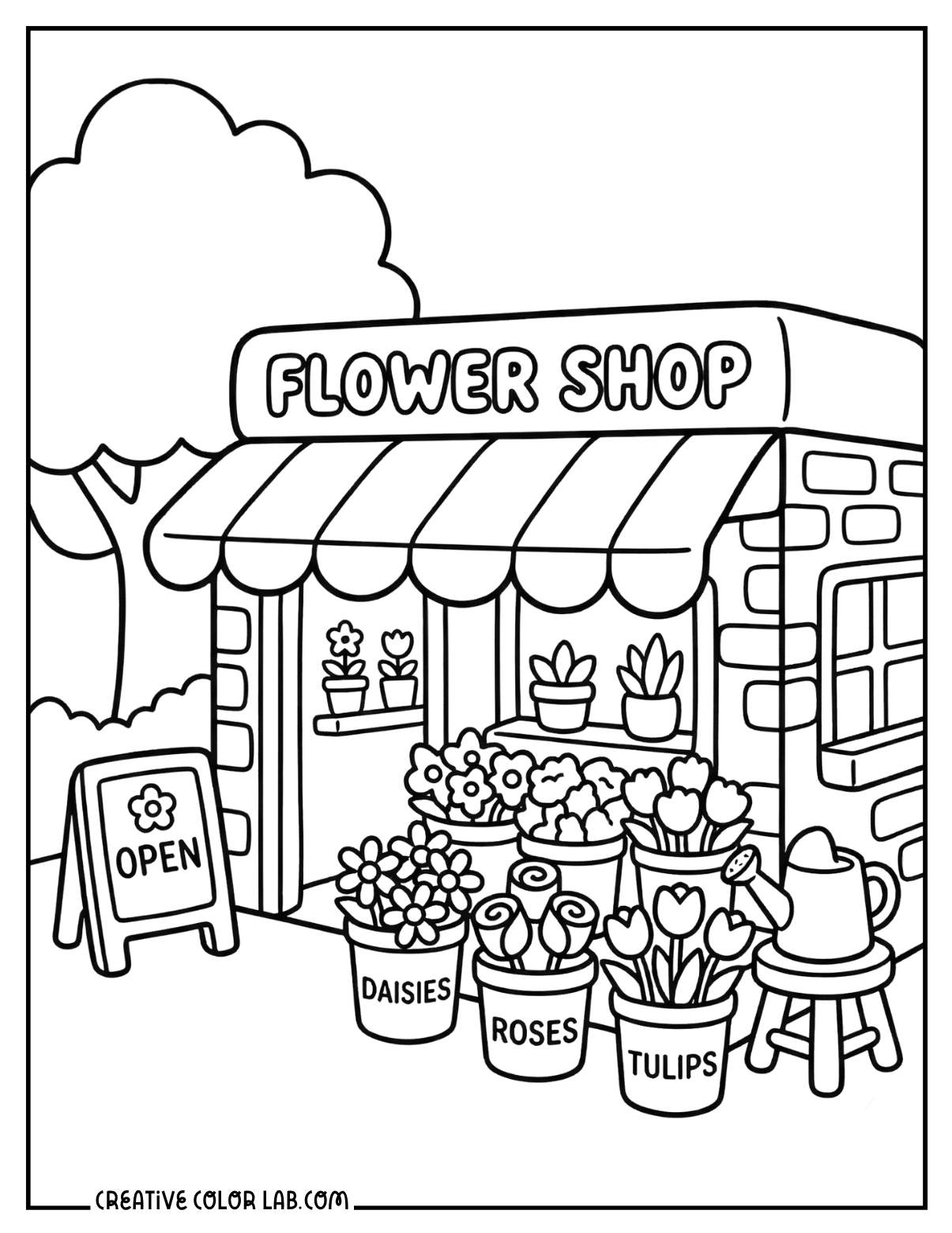 Flower shop storefront with garden coloring sheet.
