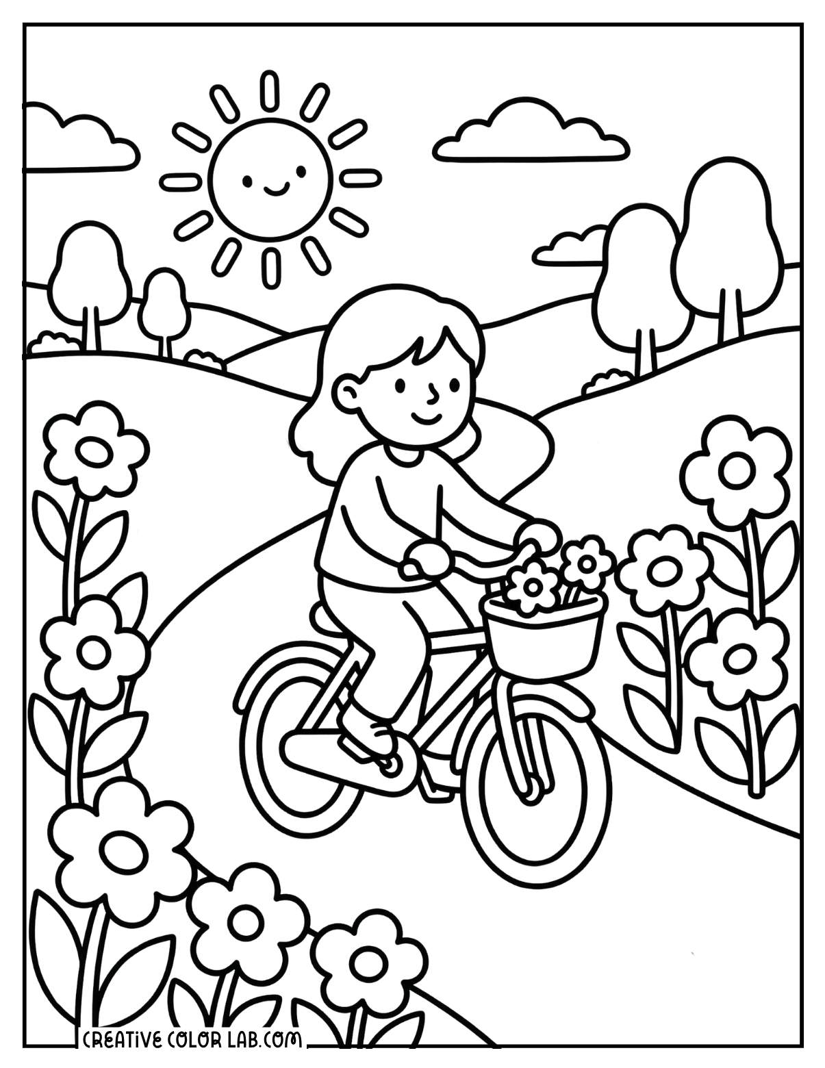 Girl riding a bicycle through spring flowers on a sunny day coloring page.