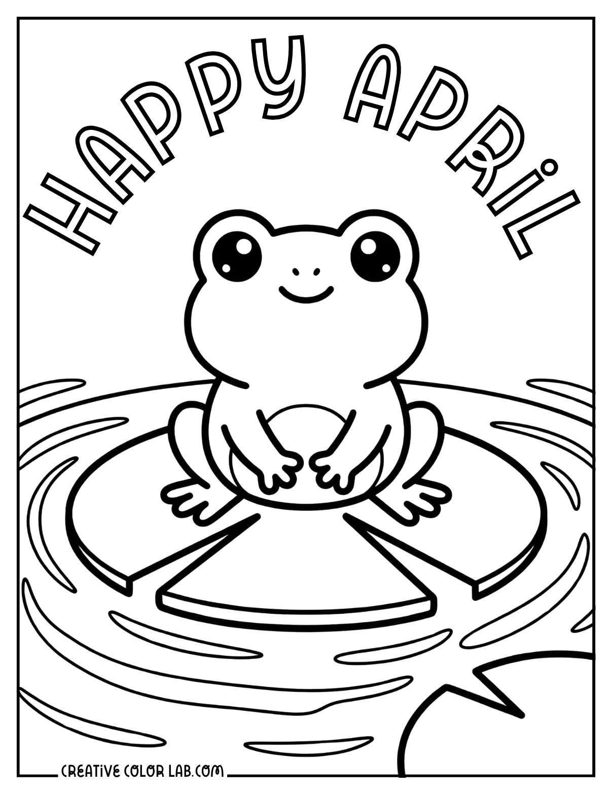 A kawaii smiling frog sitting on a lily pad in water with "Happy April" text arching above.