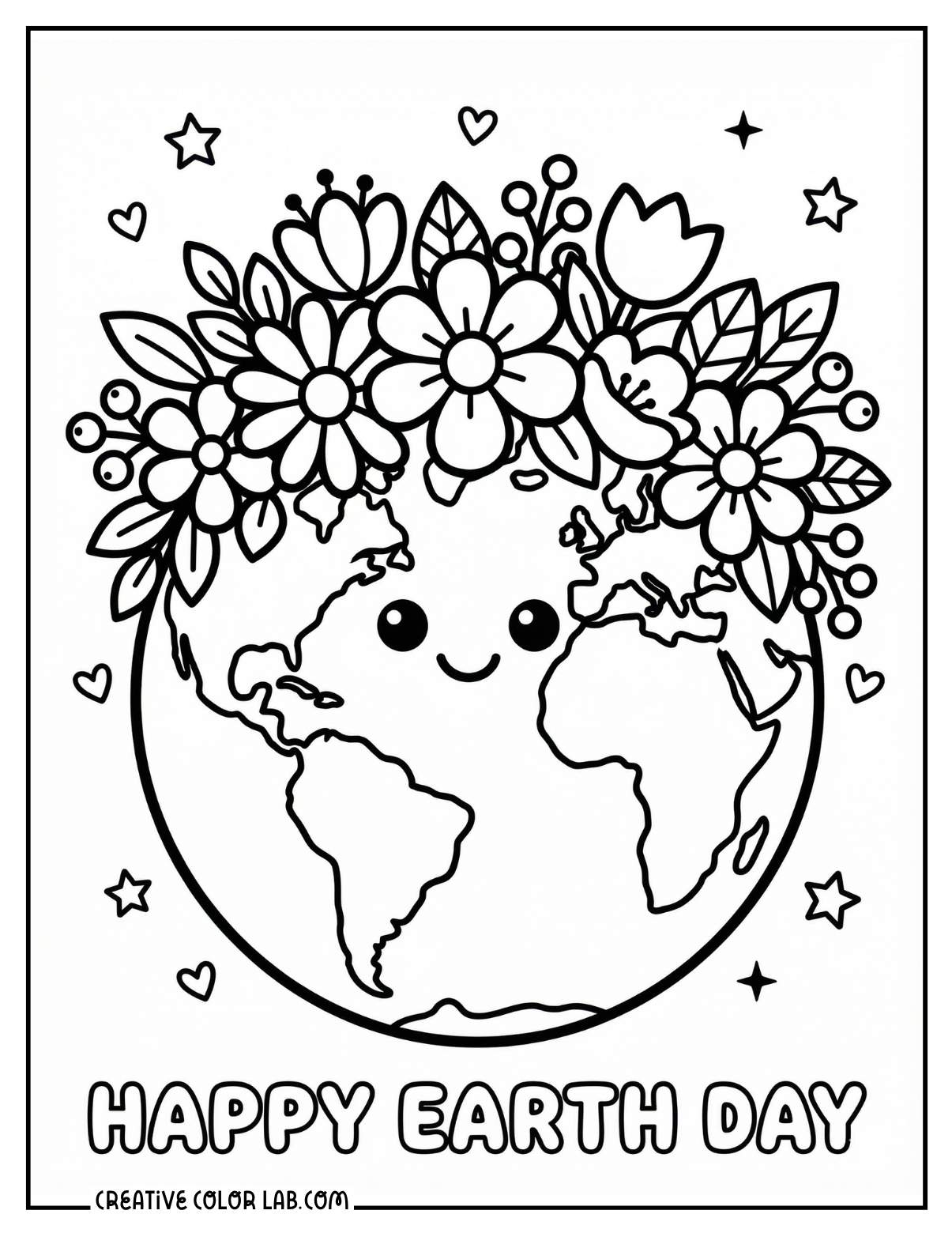 A cute smiling Earth globe wearing a flower crown with "Happy Earth Day" text below.